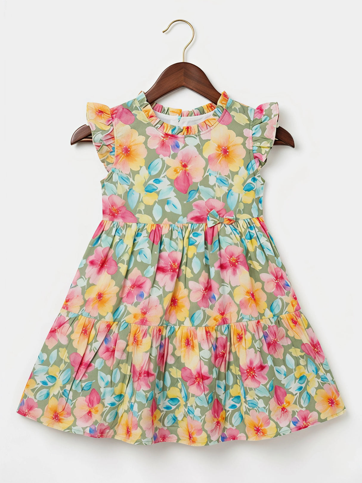 Girls Green Floral Print Ruffle Frock