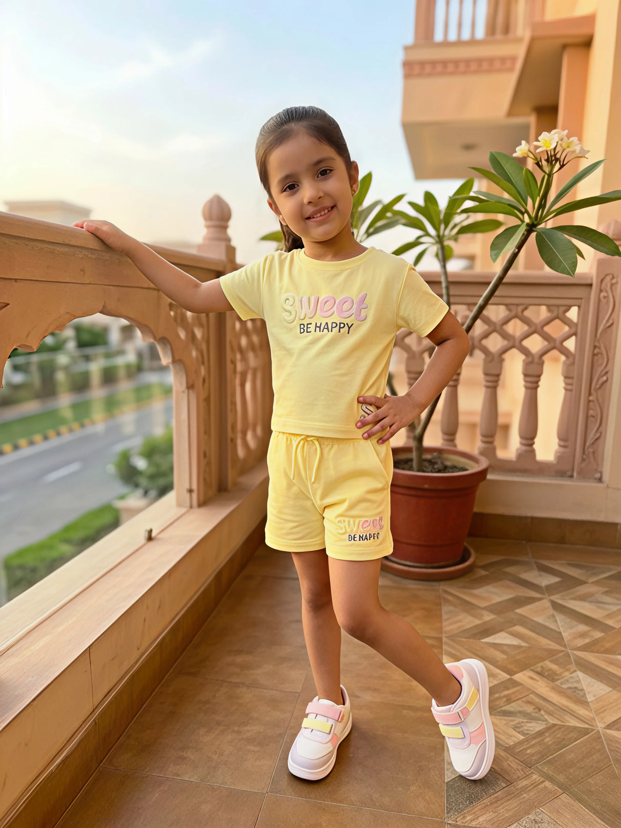 Girls Yellow "Sweet" Graphic Cotton Co-ord Set