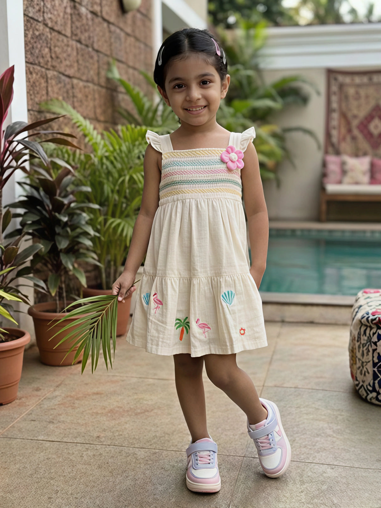 Girls' Cream Tropical Embroidered Cotton Frock