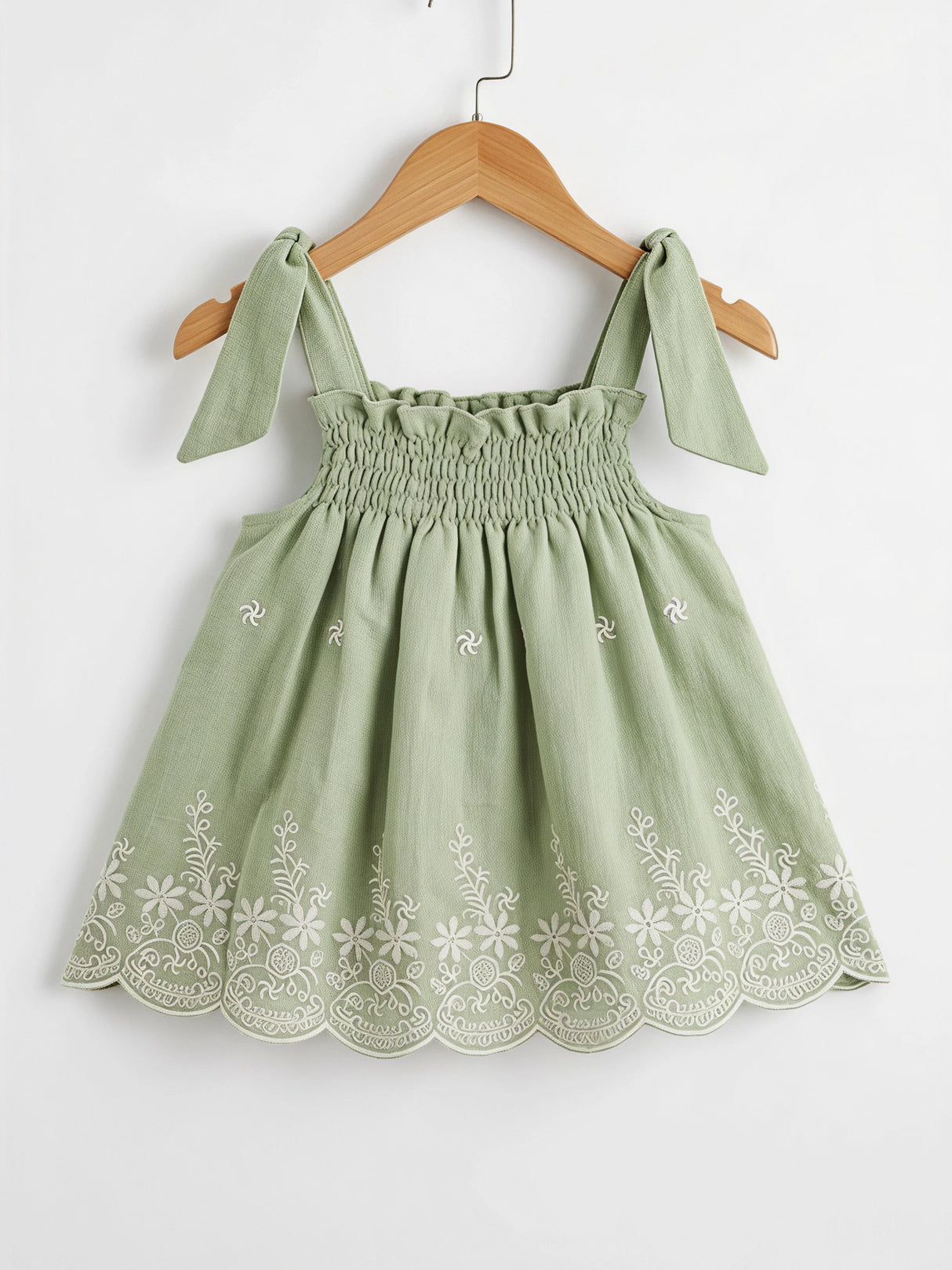 Sage Green Smocked Cotton Frock for Girls