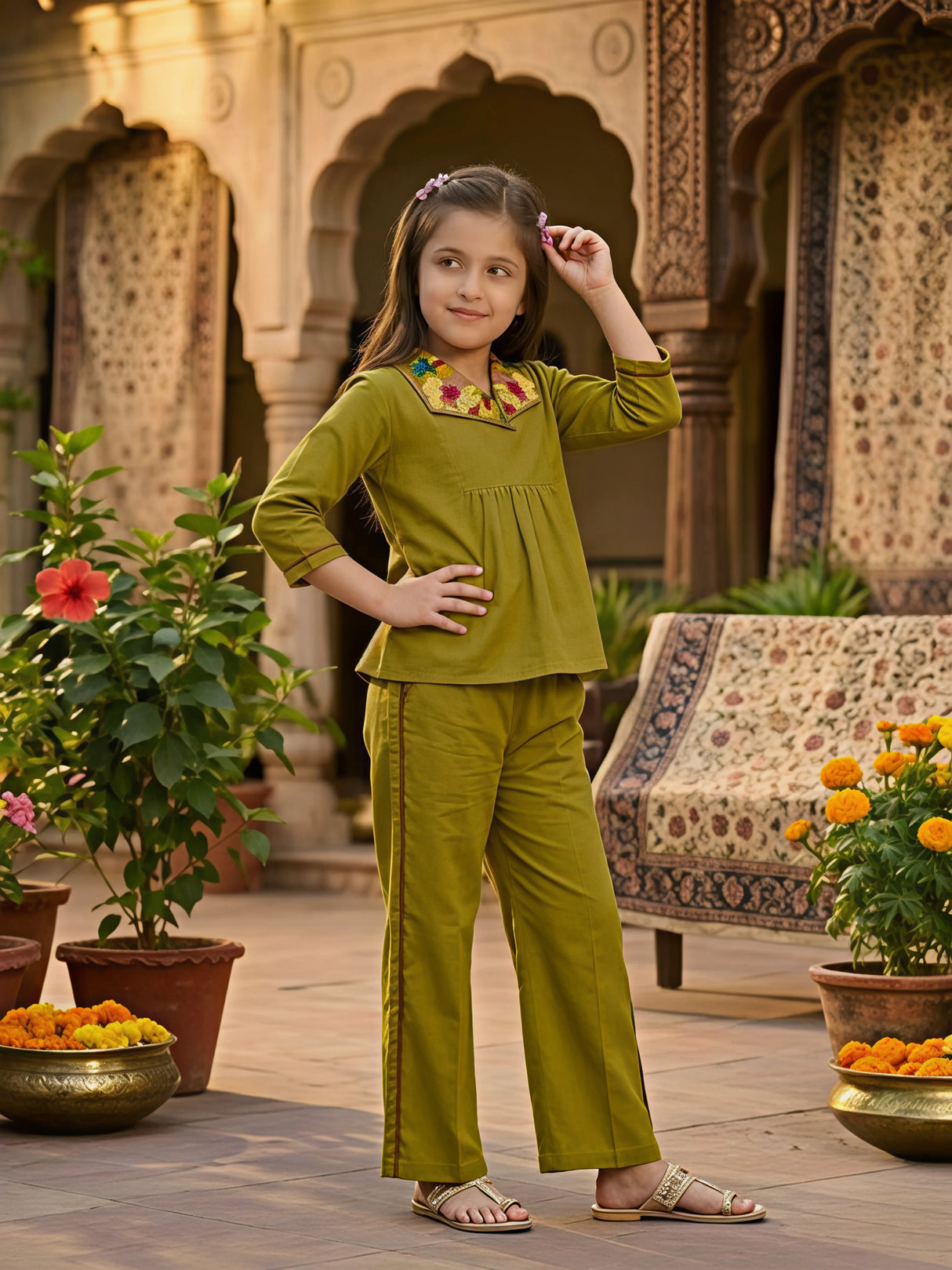 Girls Olive Green Embroidered Plazo Set
