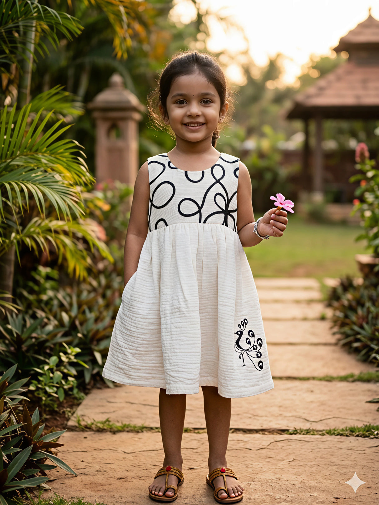 Girls' Elegant White Cotton Frock with Peacock Embroidery