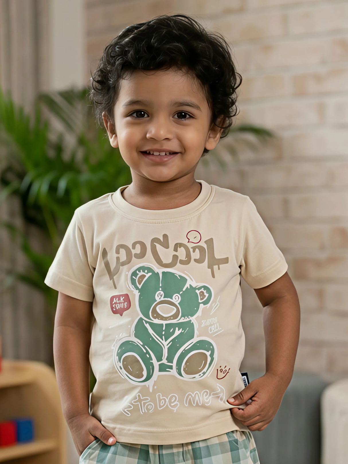 Boys Green Bear Graphic Tee & Plaid Shorts Coord Set