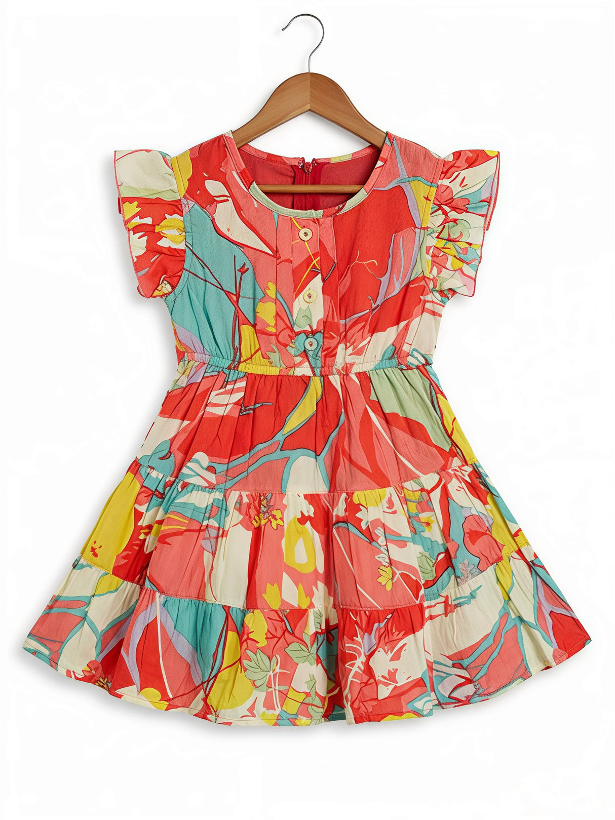 Vibrant Orange Floral Tiered Frock for Girls