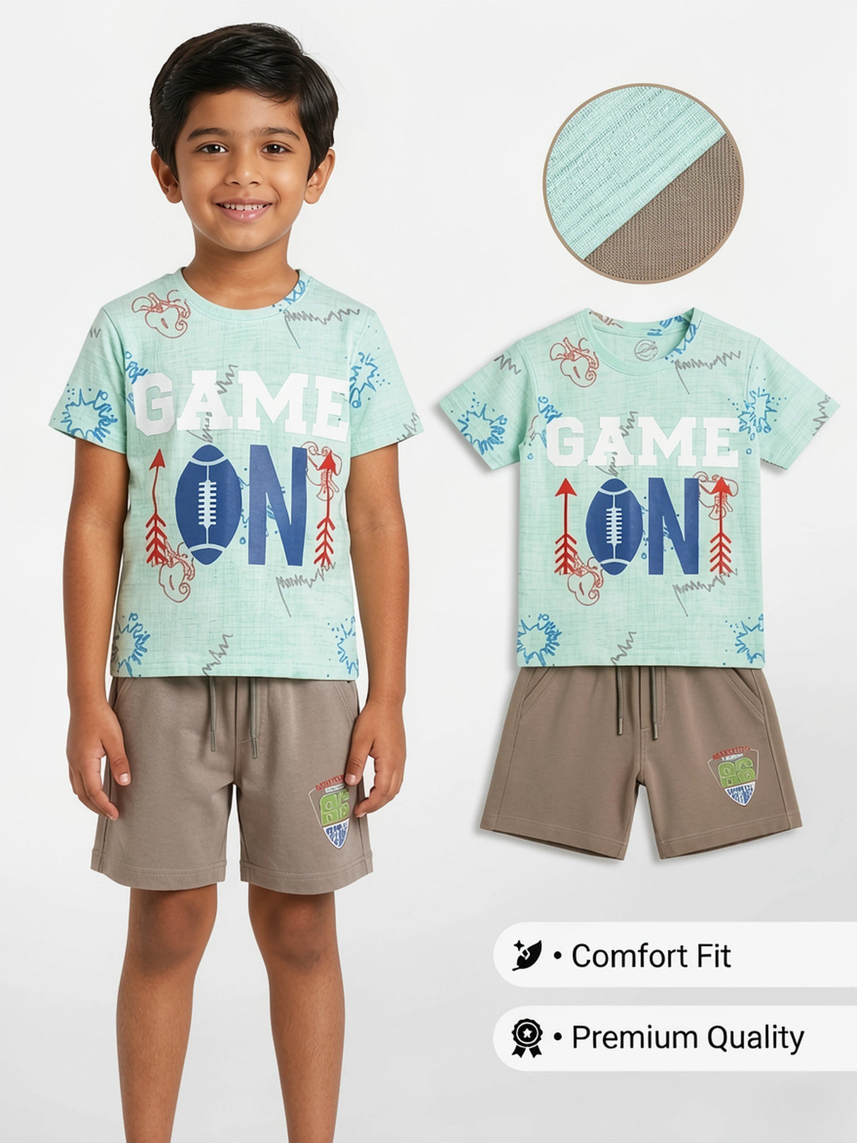 Boys Mint Green Game On Printed T-Shirt and Shorts Co-ord Set