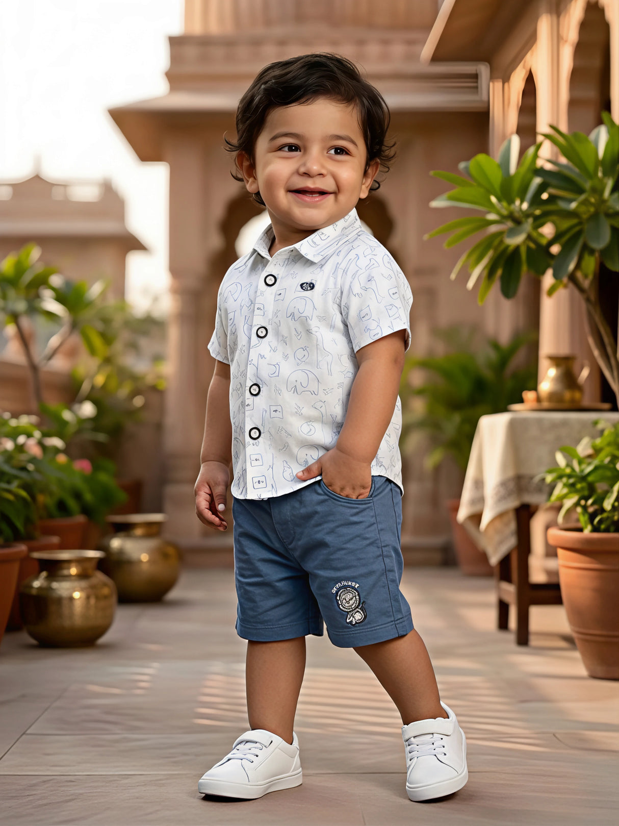 Boys Blue Safari Print Cotton Shirt and Shorts Co-ord Set