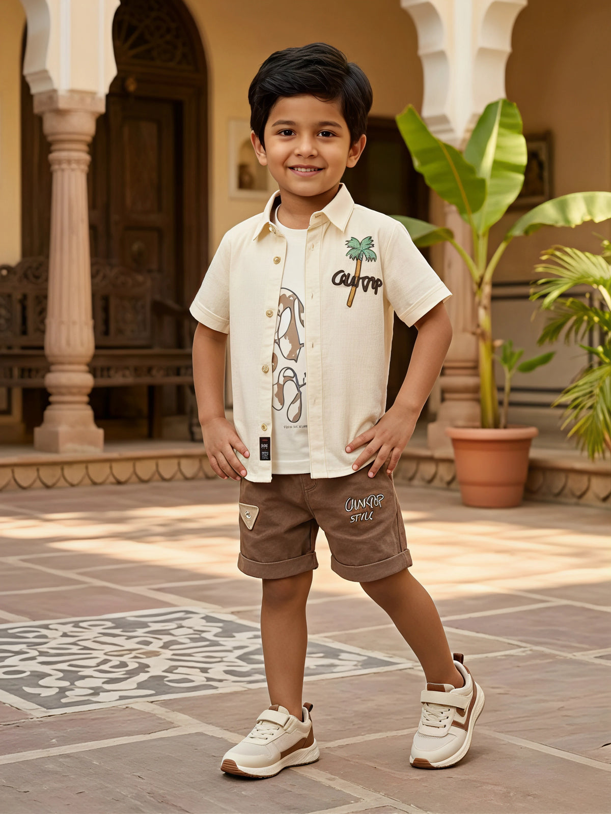 Boys Cream Palm Tree Graphic Shirt & Shorts Co-ord Set
