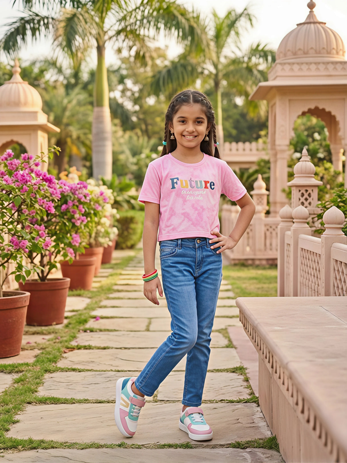 Girls' Pink "Future" Graphic Tie-Dye Crop Top