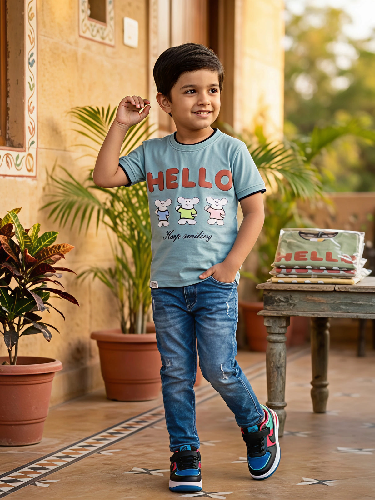 Boys Blue "HELLO" Graphic Print Cotton T-Shirt