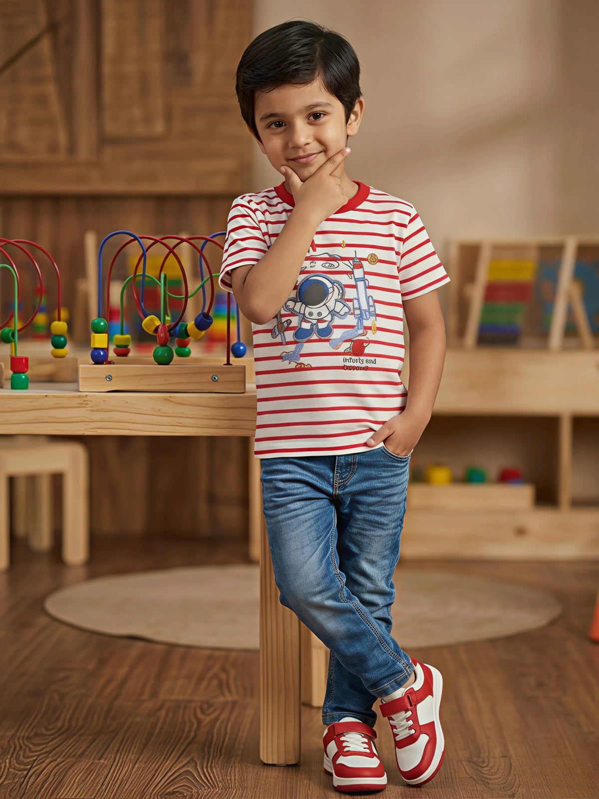 Boys Red Striped Astronaut Graphic T-Shirt