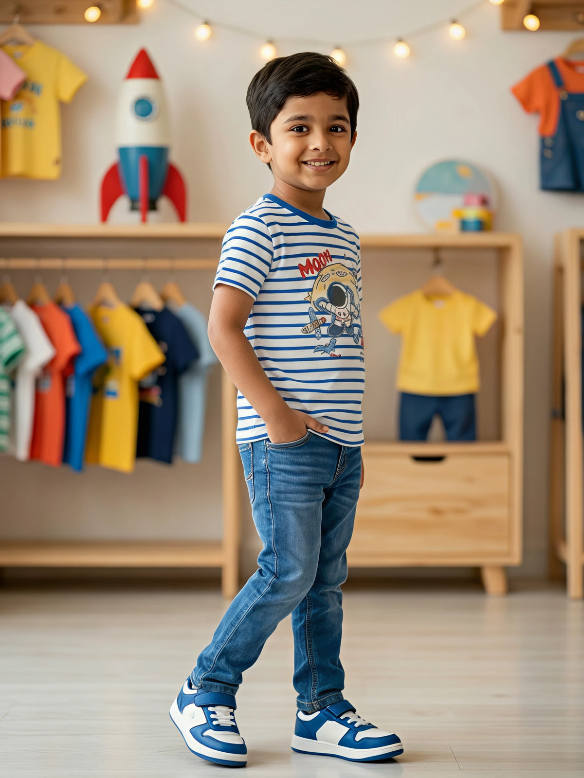 Boys Blue Striped Moon Astronaut Graphic T-Shirt