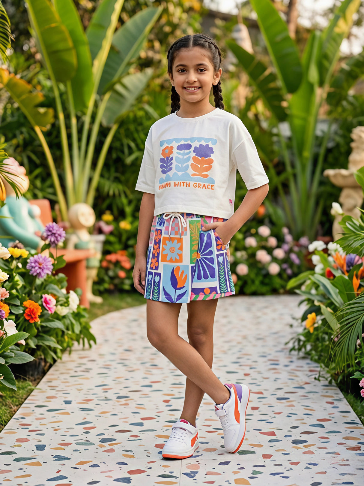 Girls Bloom with Grace Floral Print Co-ord Set - Orange