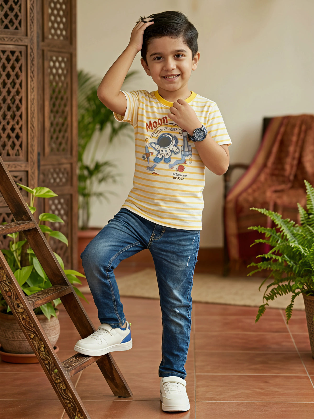 Boys Yellow Striped Astronaut Moon Graphic T-Shirt
