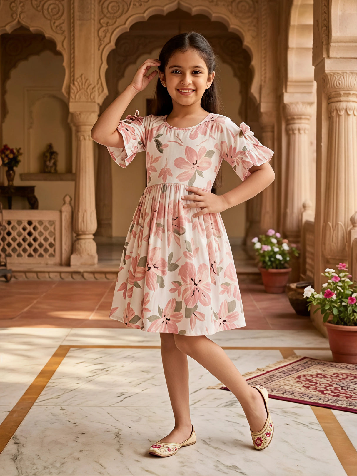 Girls Peach Floral Print Cotton Frock with Bow Sleeves