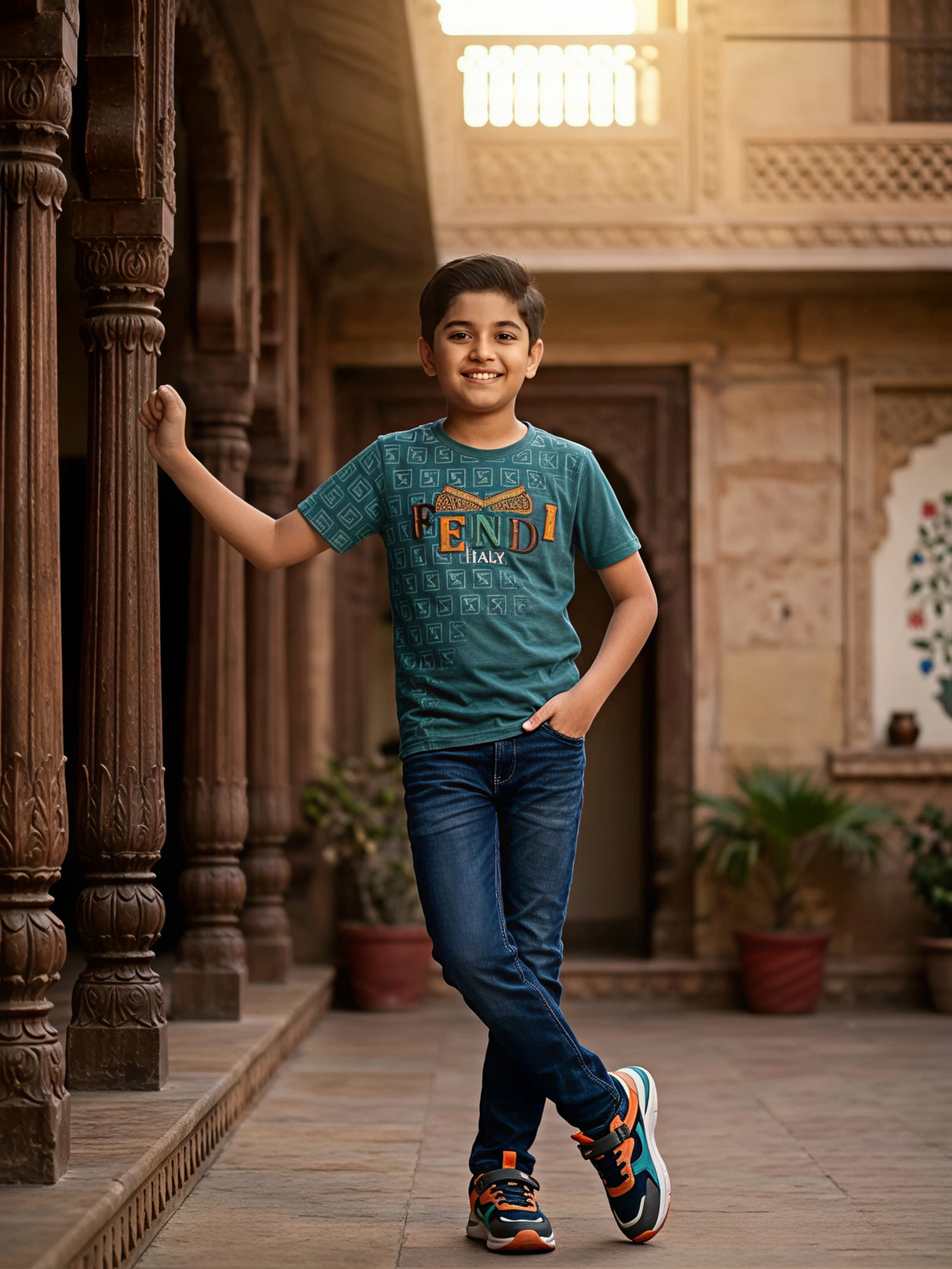 Boys Traditional Printed Green Cotton T-Shirt