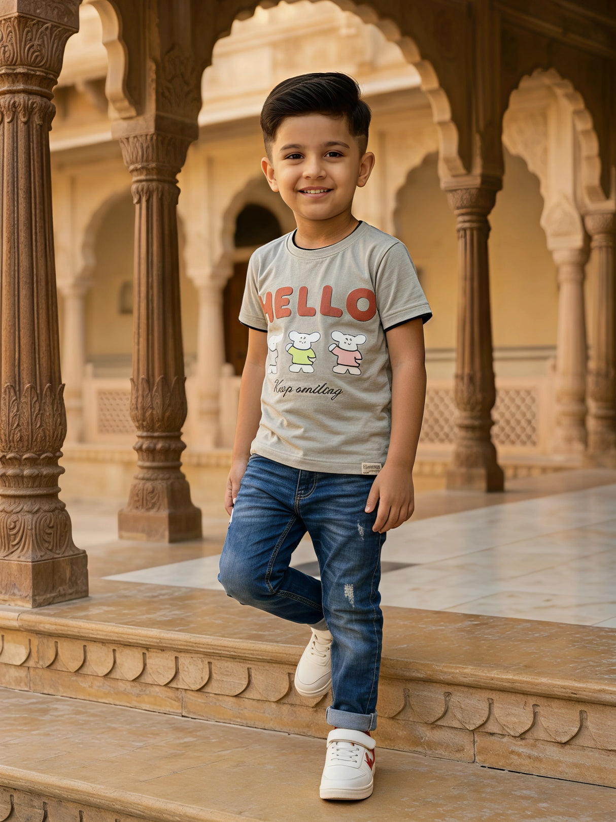 Boys Grey "HELLO" Graphic Print Round Neck T-Shirt