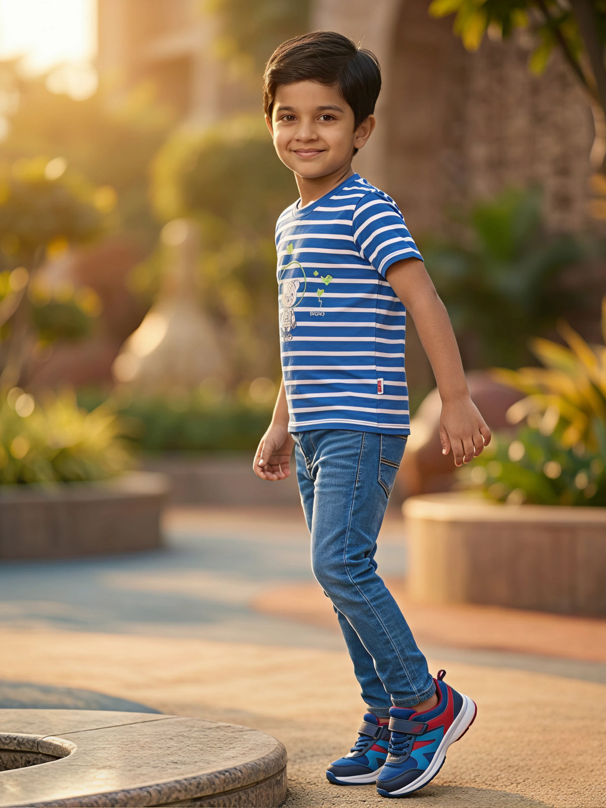 Boys Blue Striped Space Explorer Graphic T-Shirt