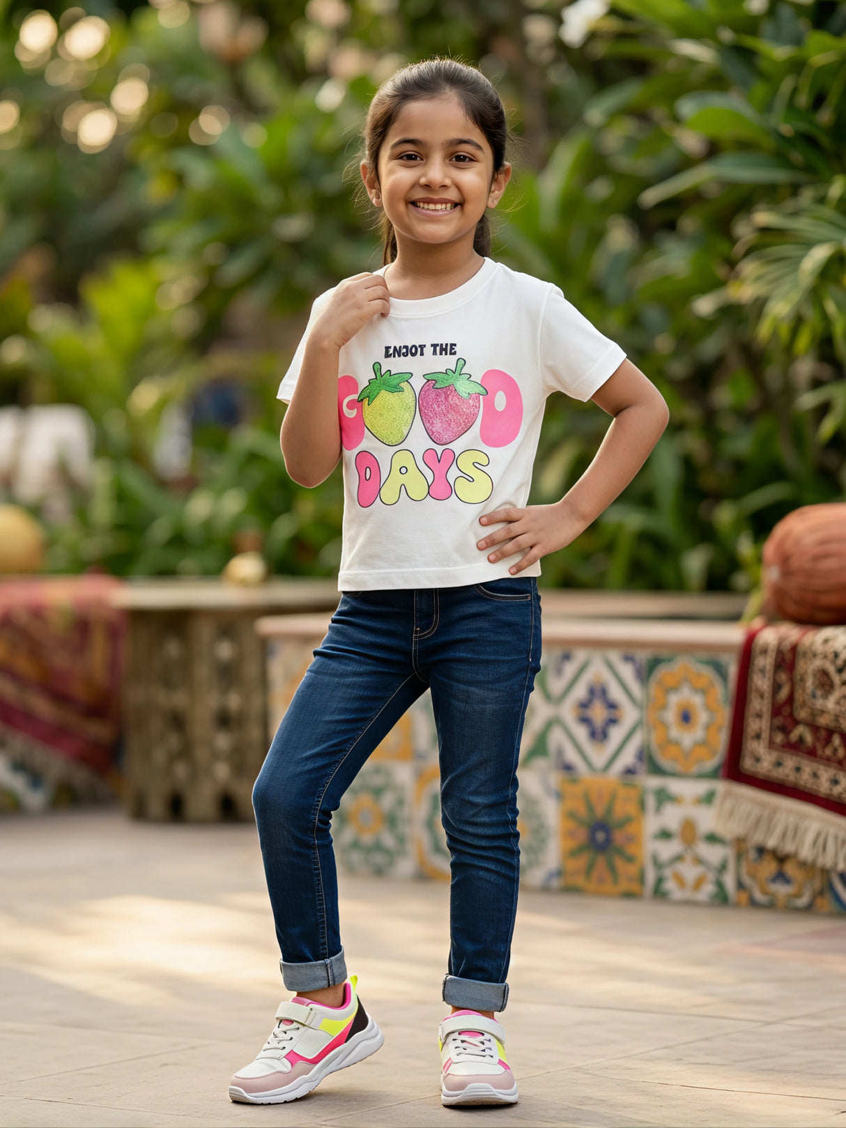 Girls' White "Enjoy The Good Days" Sequin Strawberry Graphic Top
