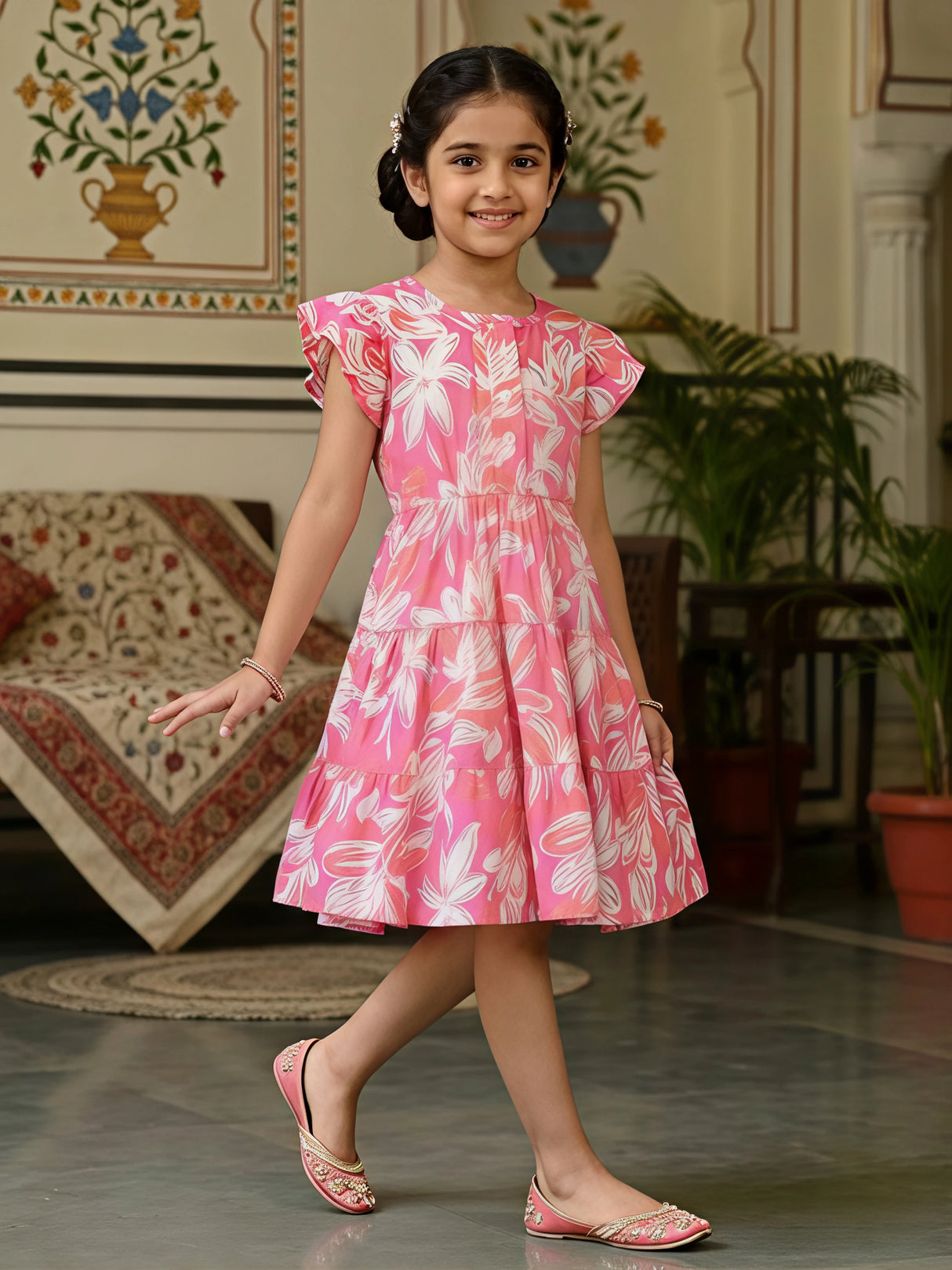 Pink Floral Tiered Cotton Frock