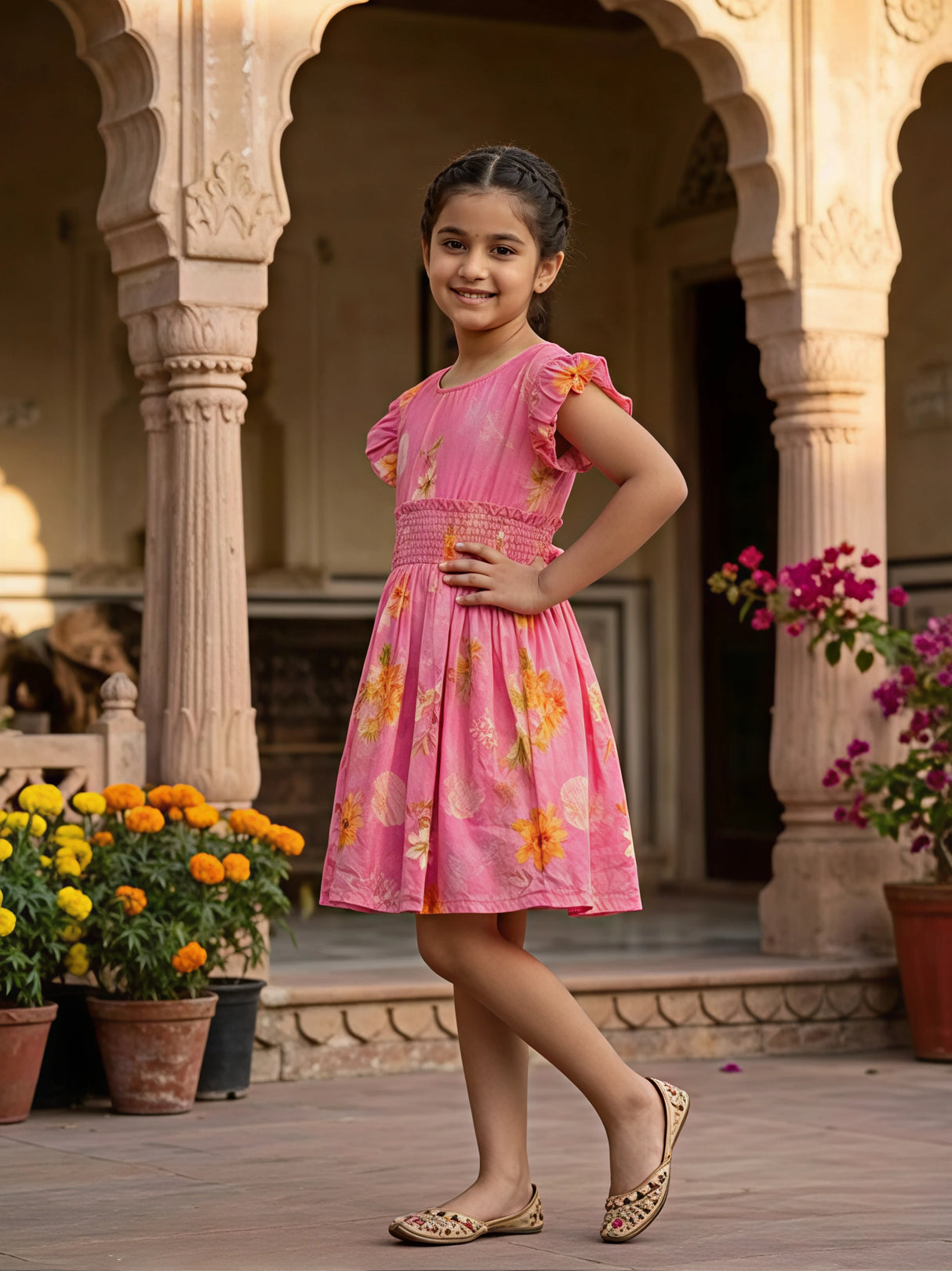Girls Pink Floral Smocked Waist Frock with Flutter Sleeves