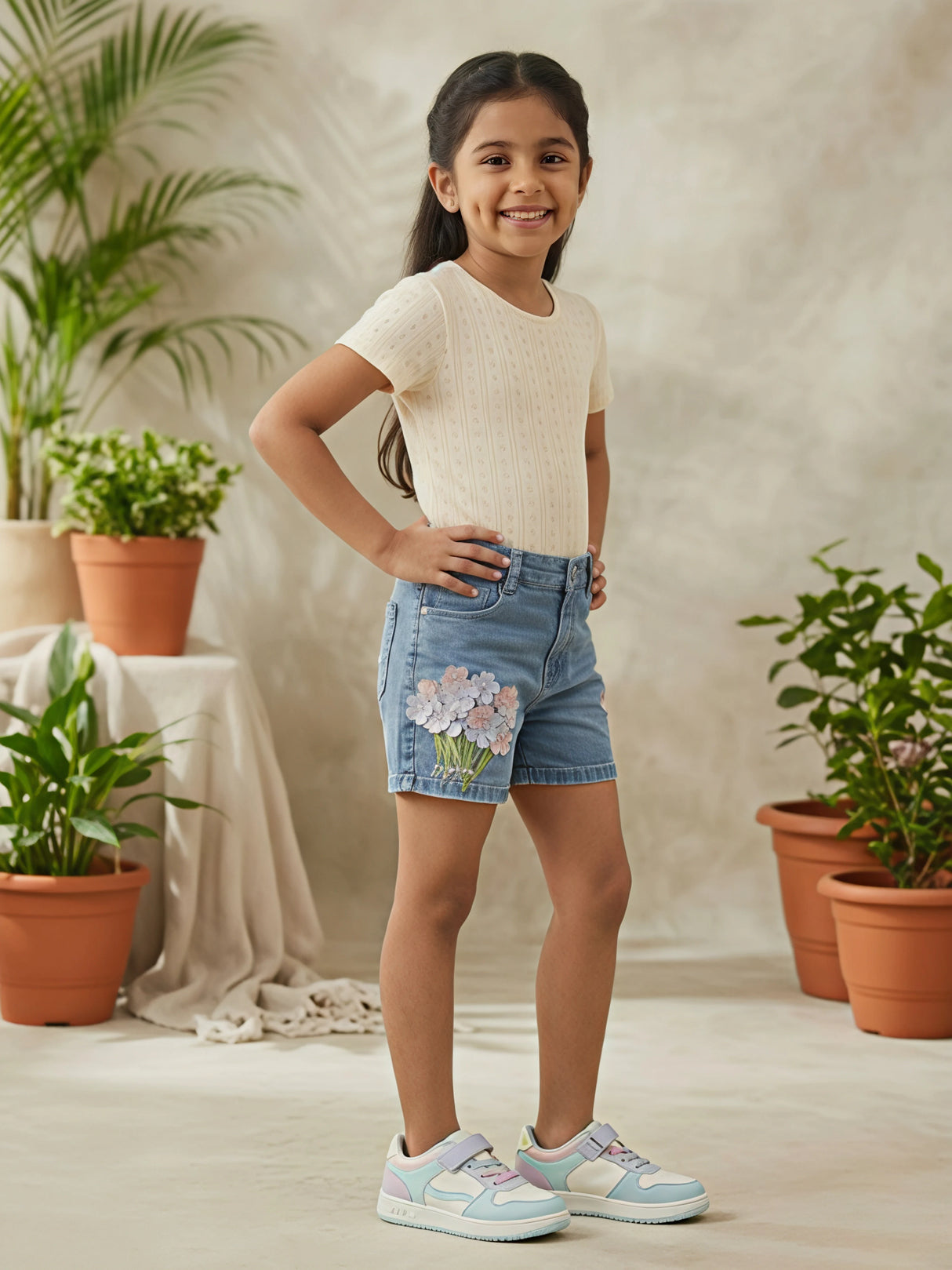 Girls' Floral Appliqué Denim Shorts - Blue