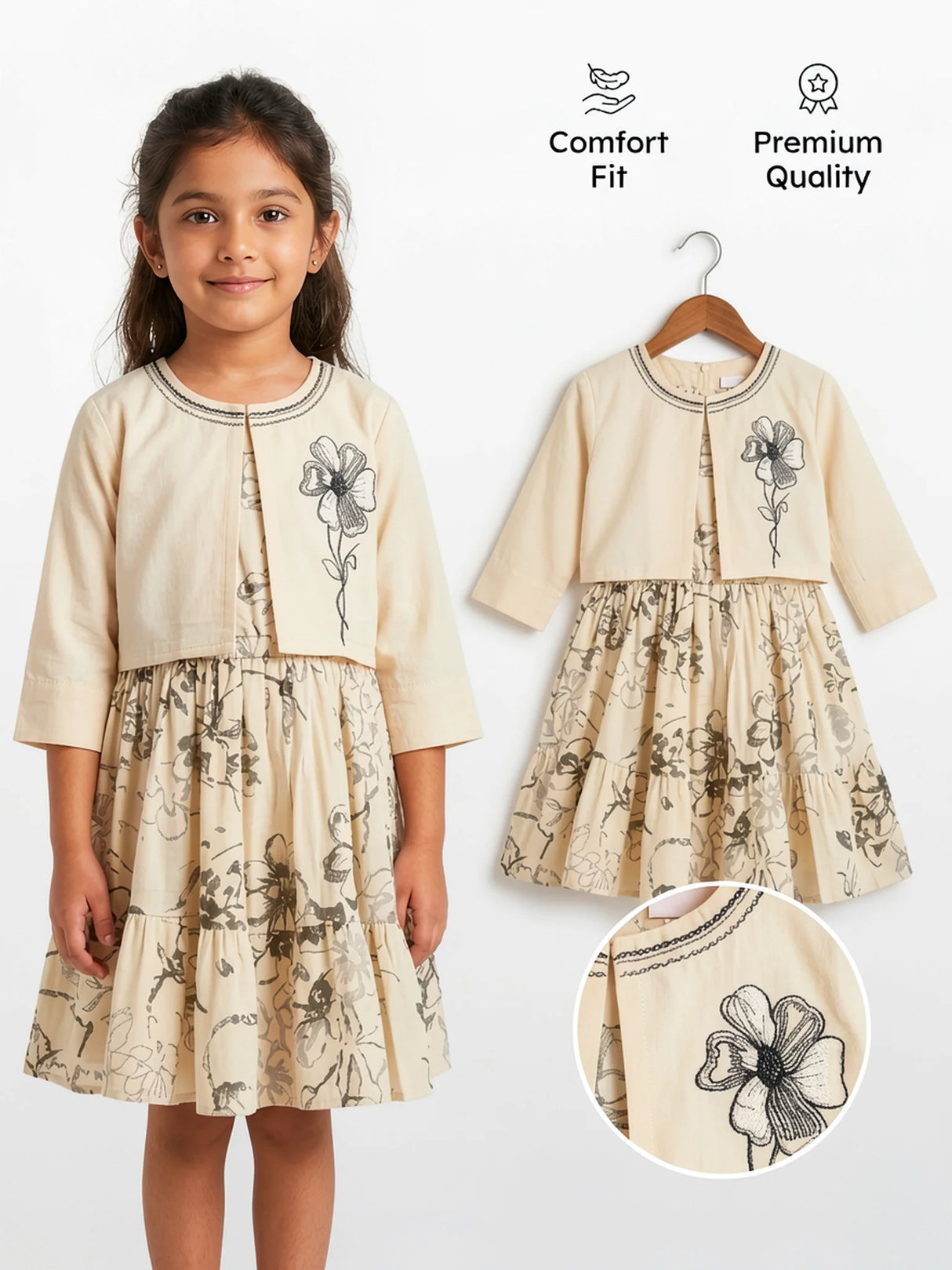 Girls Cream Floral Frock with Matching Shrug Set