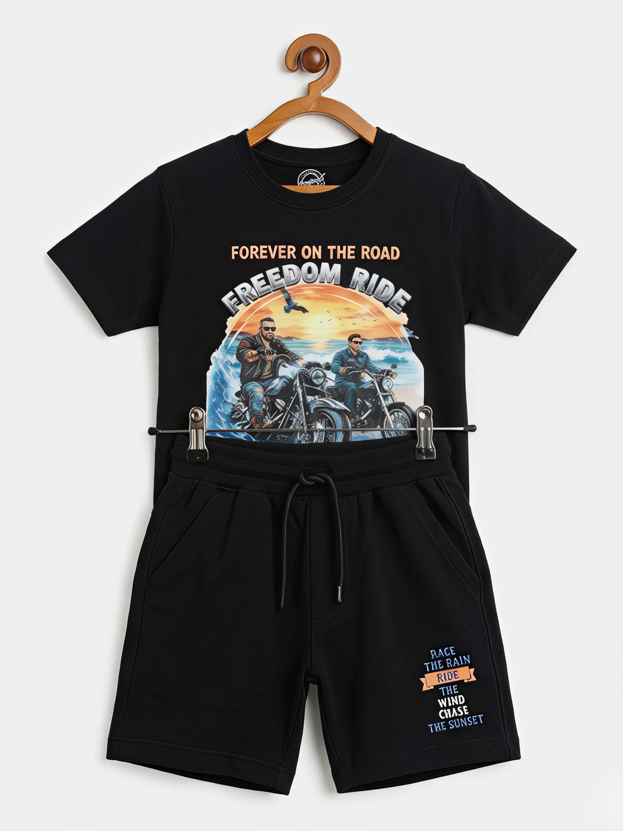 Boys Black Freedom Ride Graphic T-Shirt and Shorts Co-ord Set.