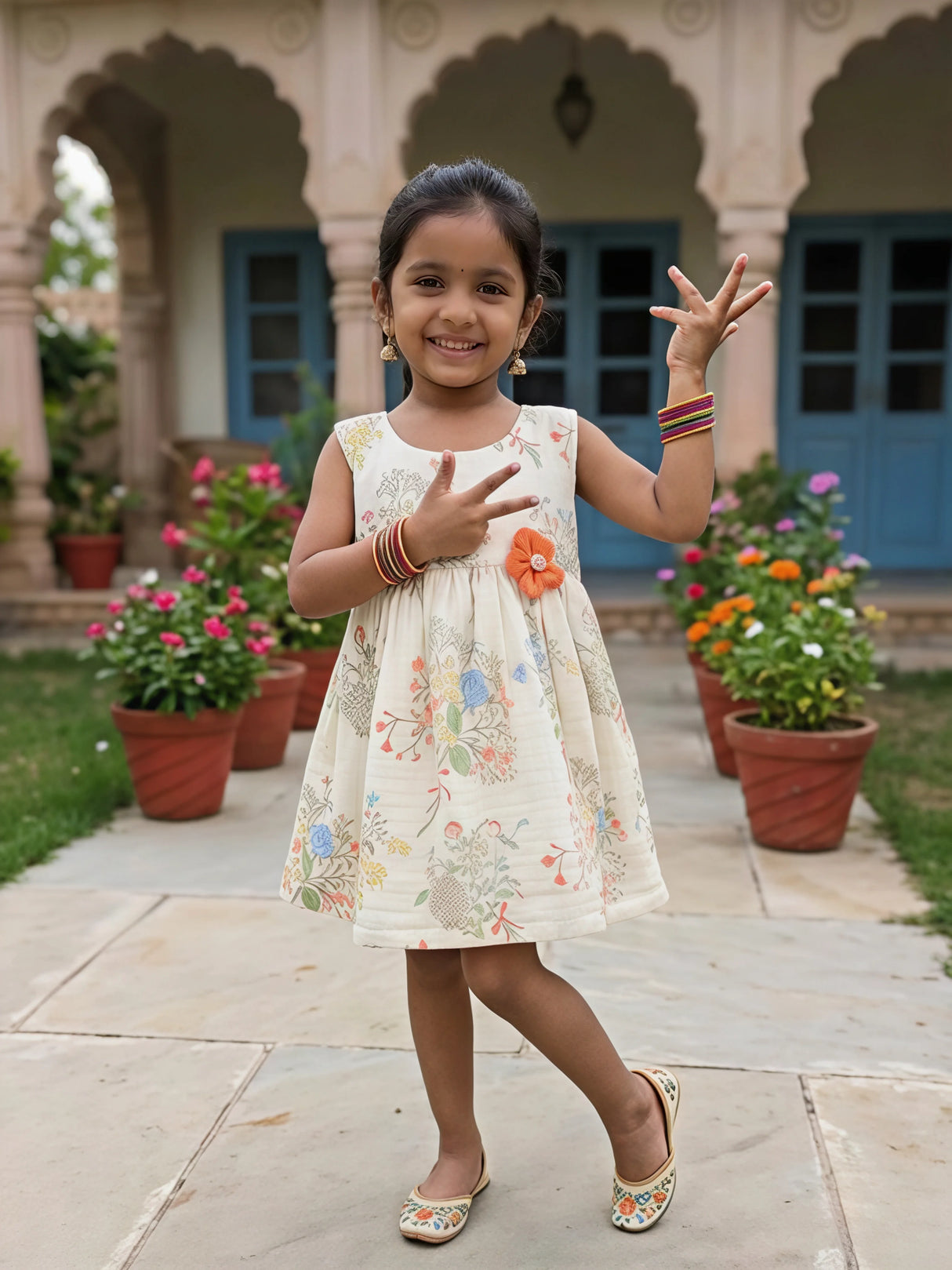 Floral Printed Cream Cotton Frock with Orange 3D Flower
