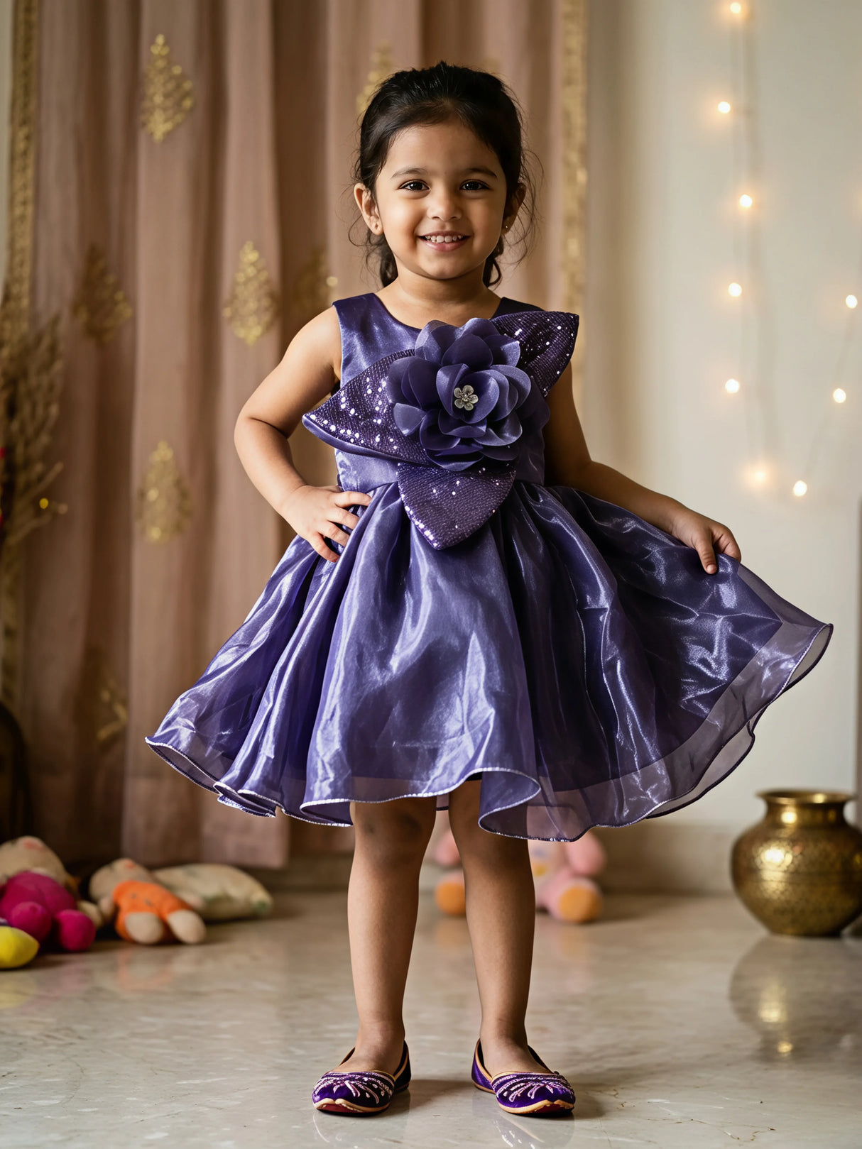 Purple Shimmer Baby Girl Party Dress with 3D Flower & Bow.