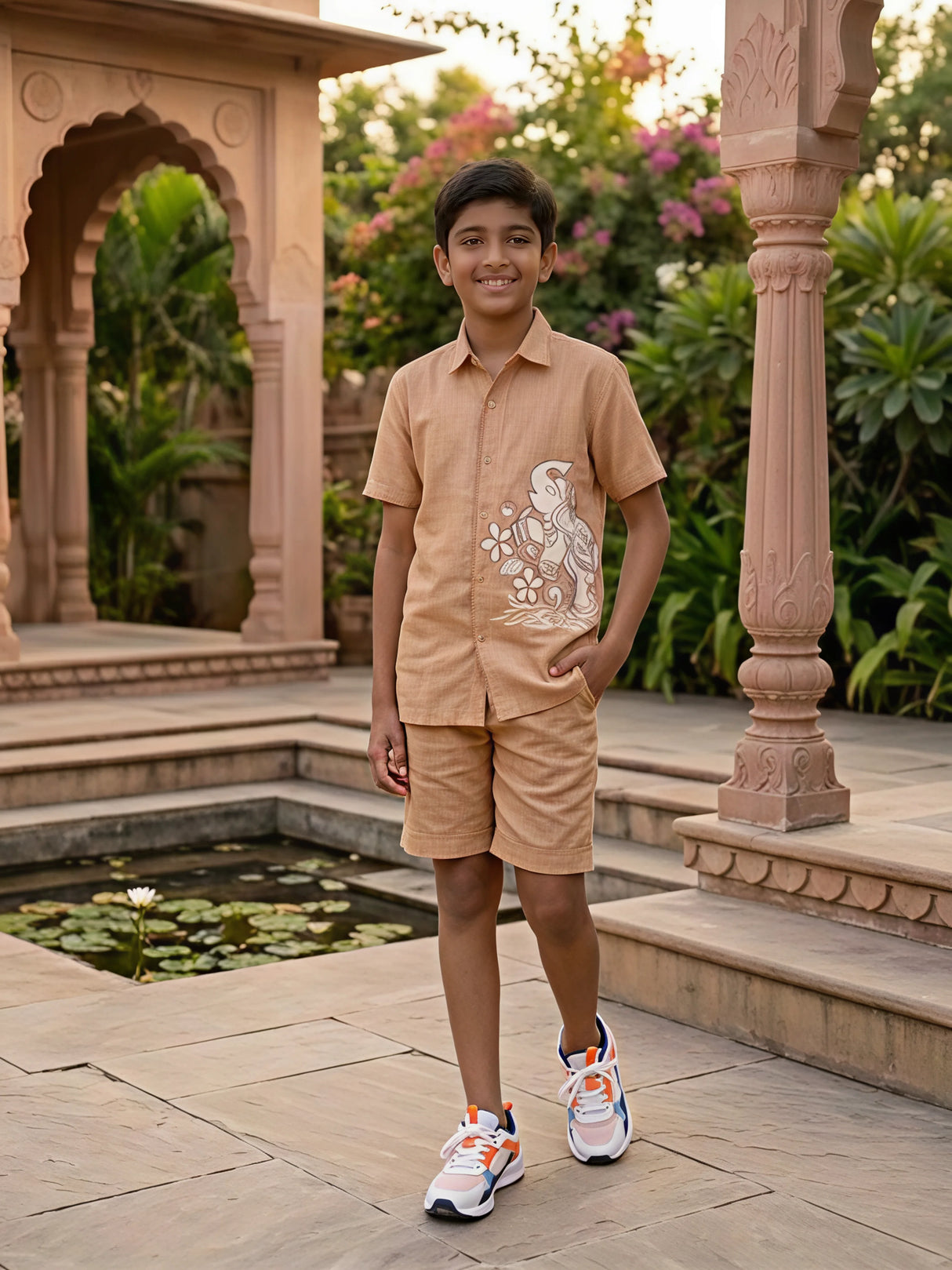 Boys Brown Blazo Elephant Print Cotton Co-ord Set.
