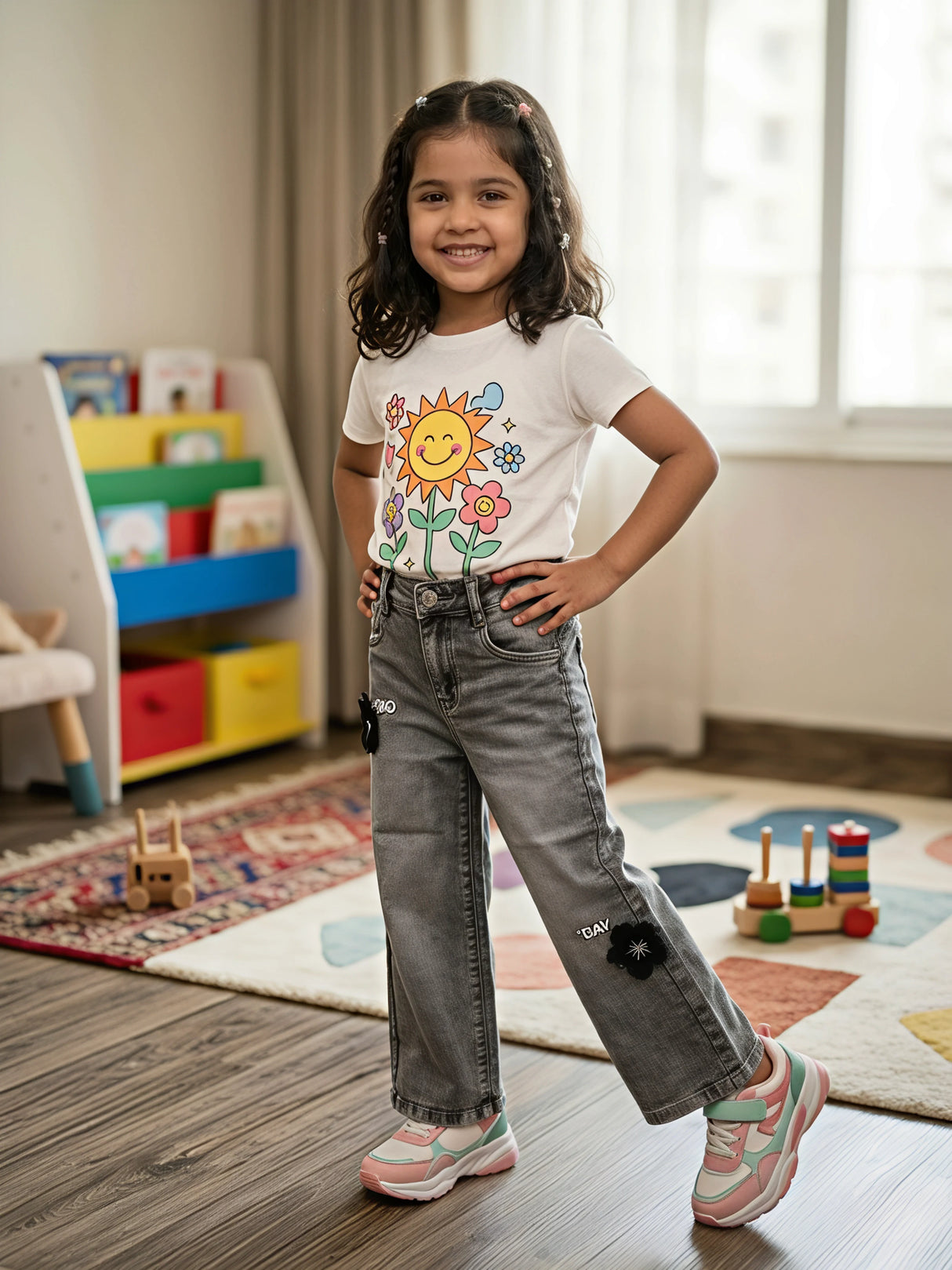 Girls' Charcoal Black Wide-Leg Denim Jeans with Floral Accents