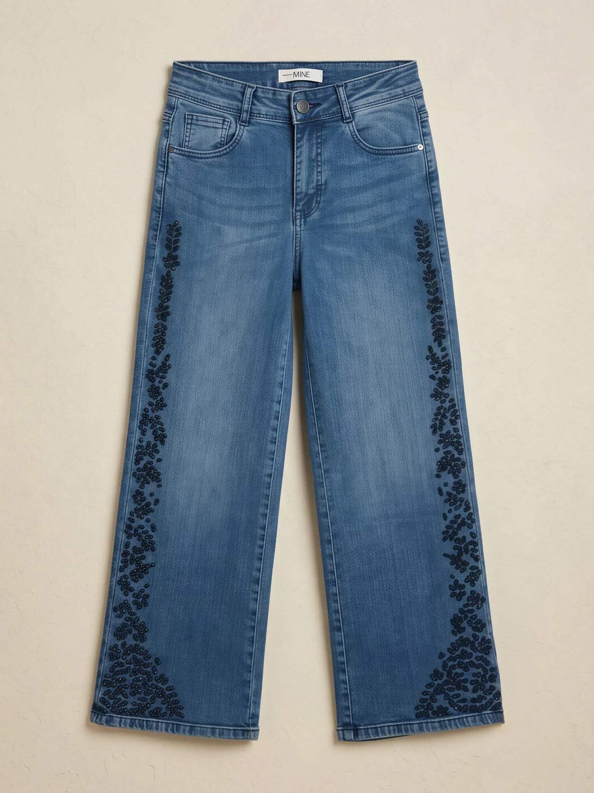 Girls Blue Side-Patterned Casual Wide Leg Jeans.