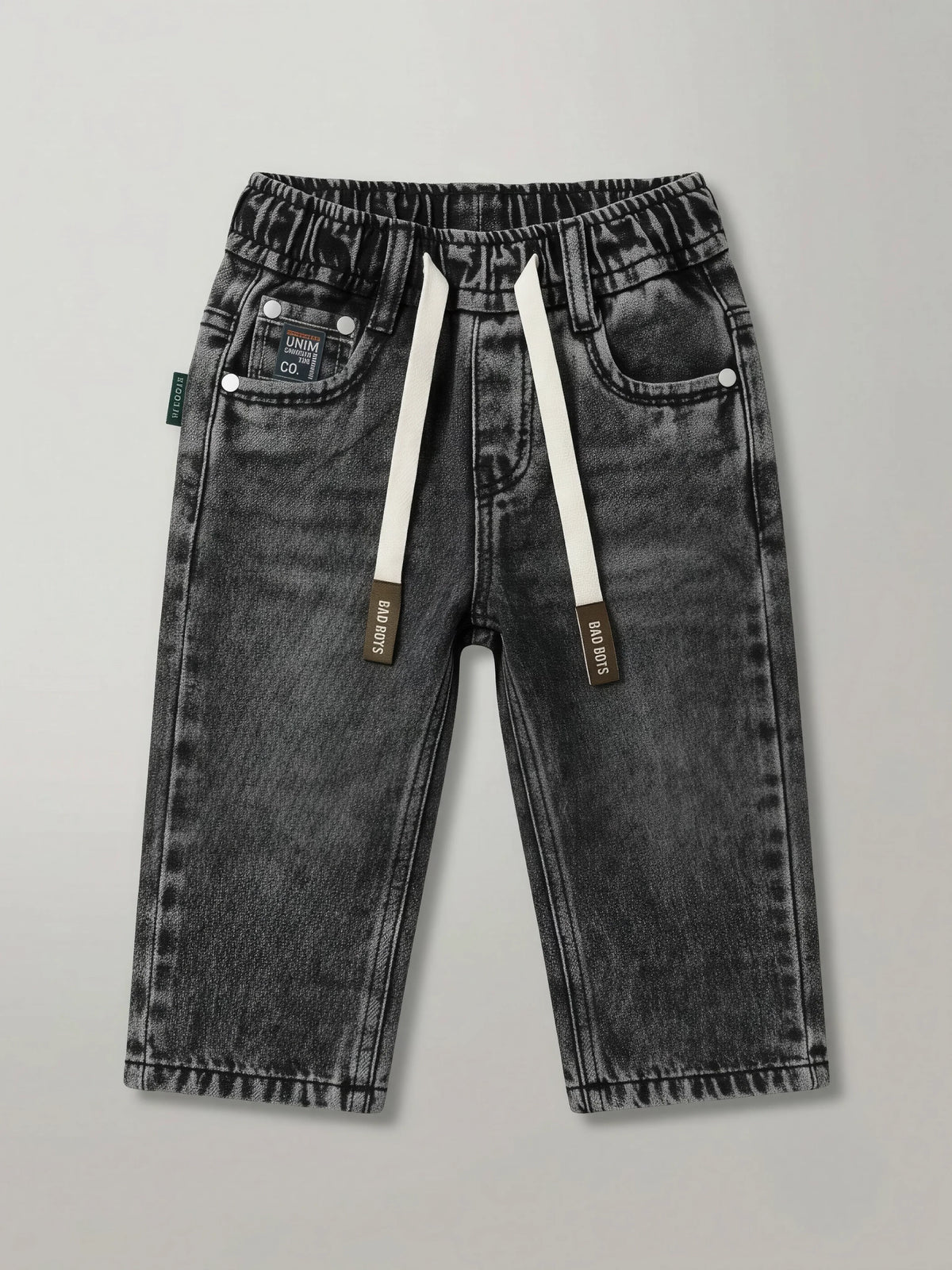 Boys Grey Washed Loose Fit Drawstring Jeans.