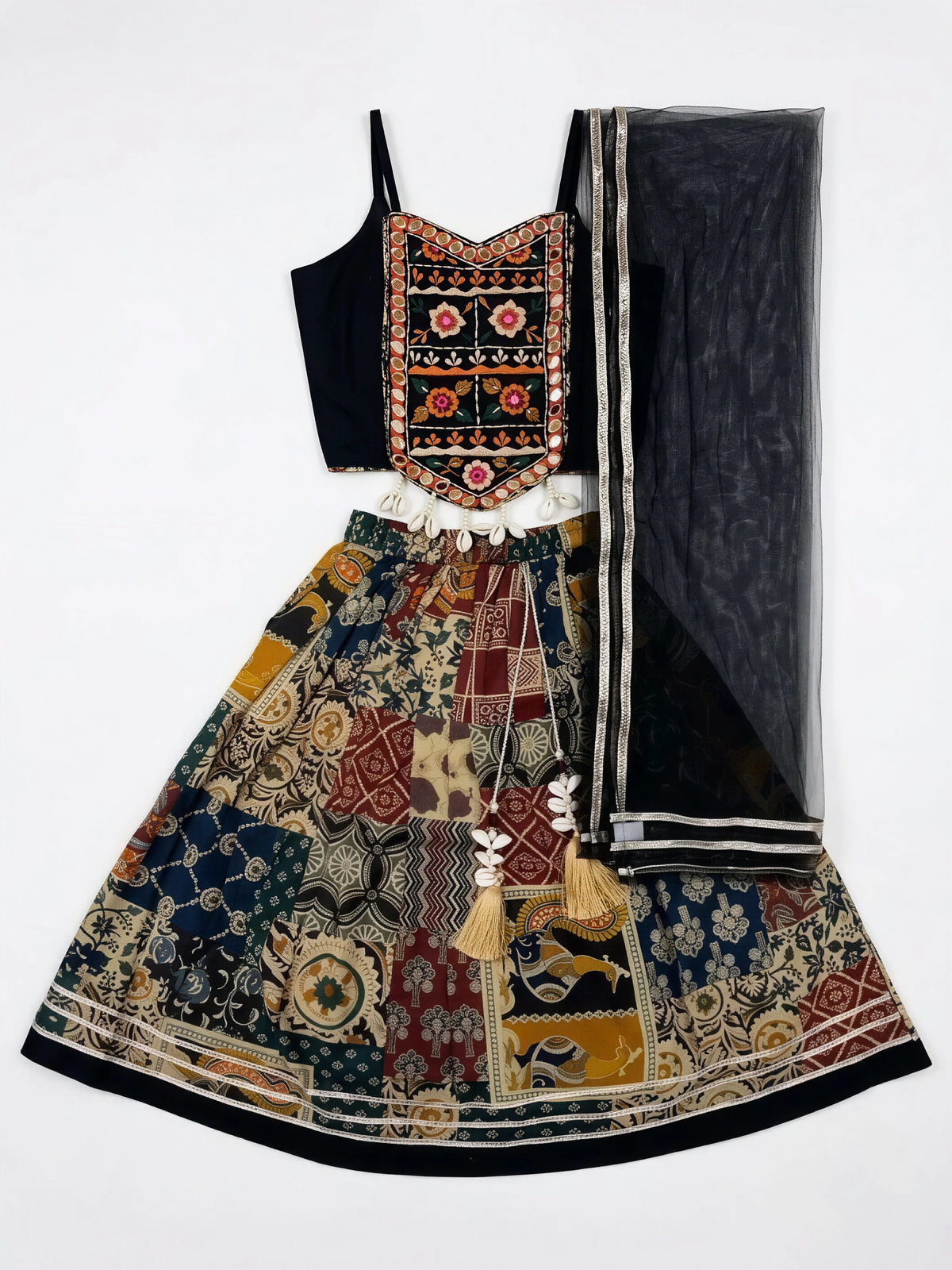Black Patchwork Embroidered Navratri Lehenga Choli for Girls