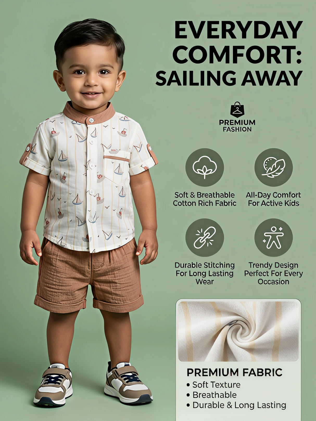 Boys Cream Boat Print Coordinate Set.
