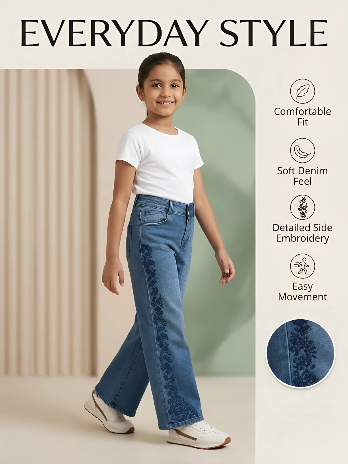 Girls Blue Side-Patterned Casual Wide Leg Jeans.