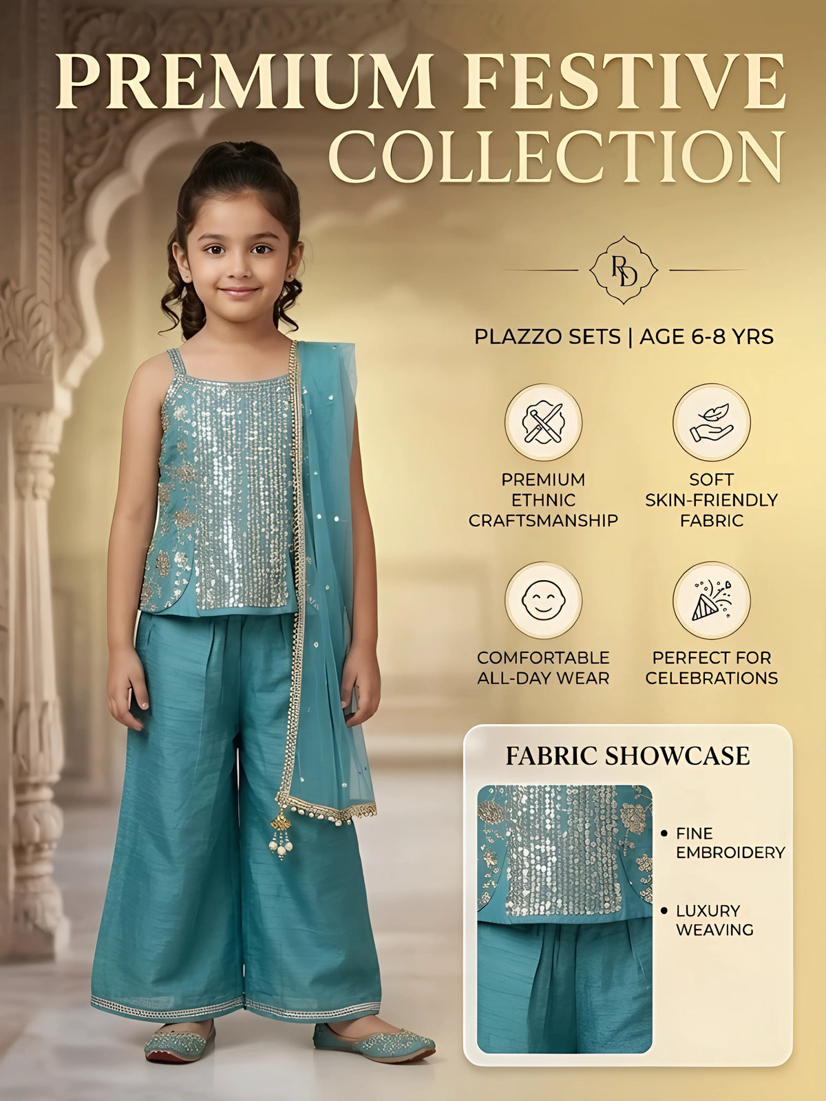 Girls Green Embroidered Palazzo Set with Dupatta.