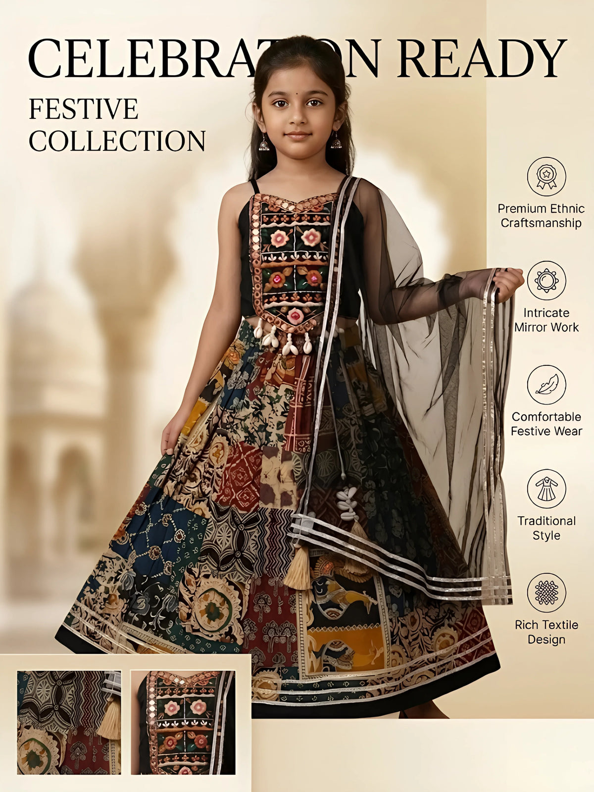 Black Patchwork Embroidered Navratri Lehenga Choli for Girls