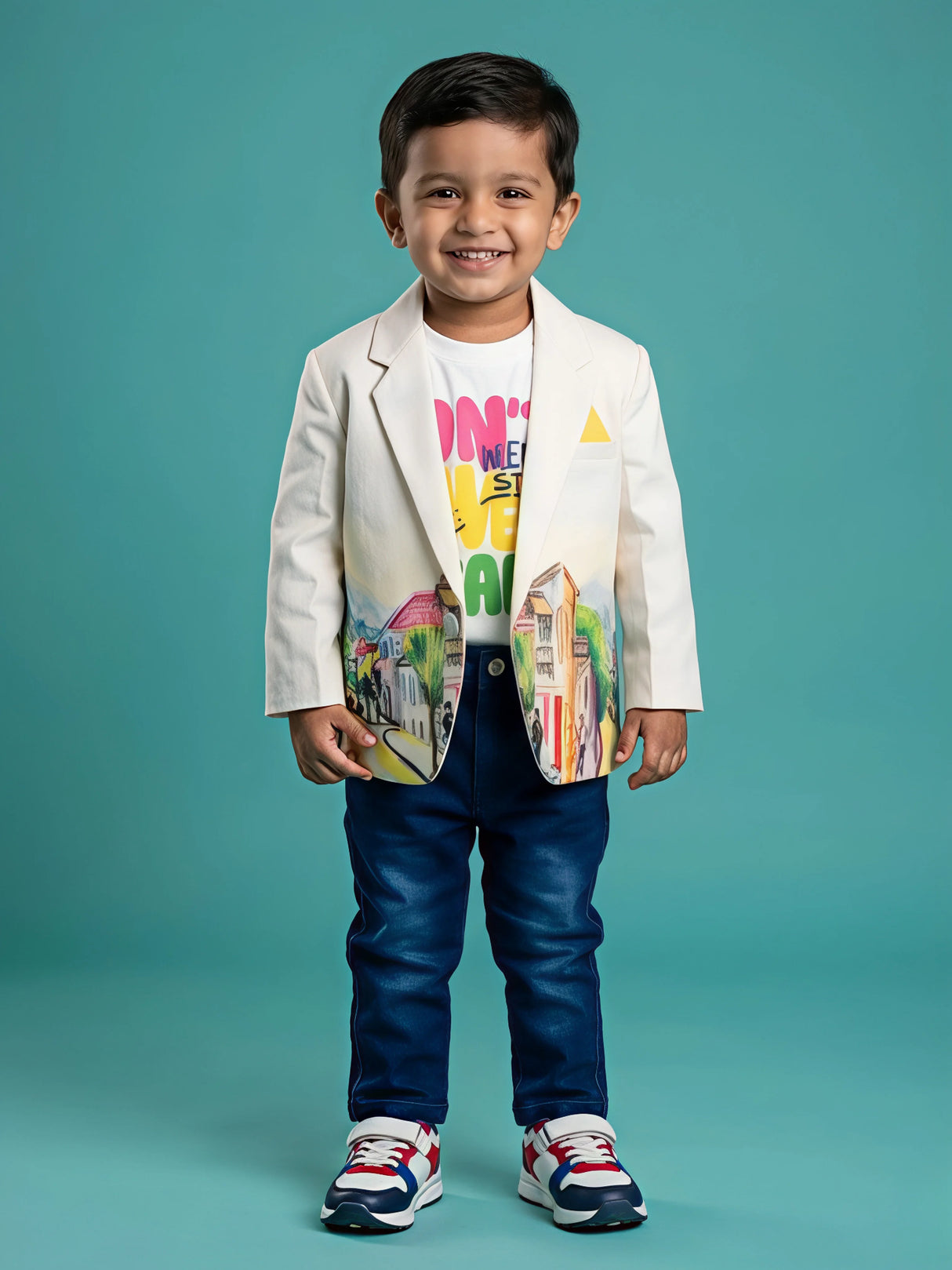 Boys White Painted Cityscape Blazer Set with Jeans & Tee