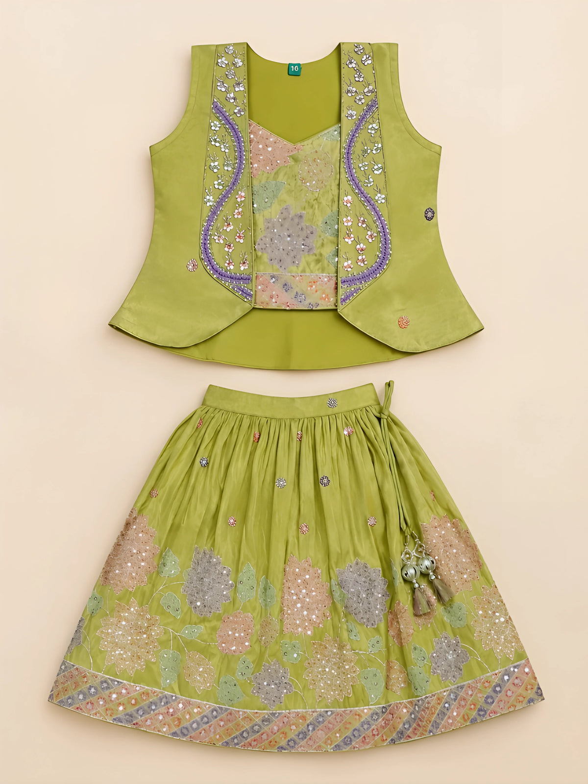 Girls Green Embellished Choli Set.