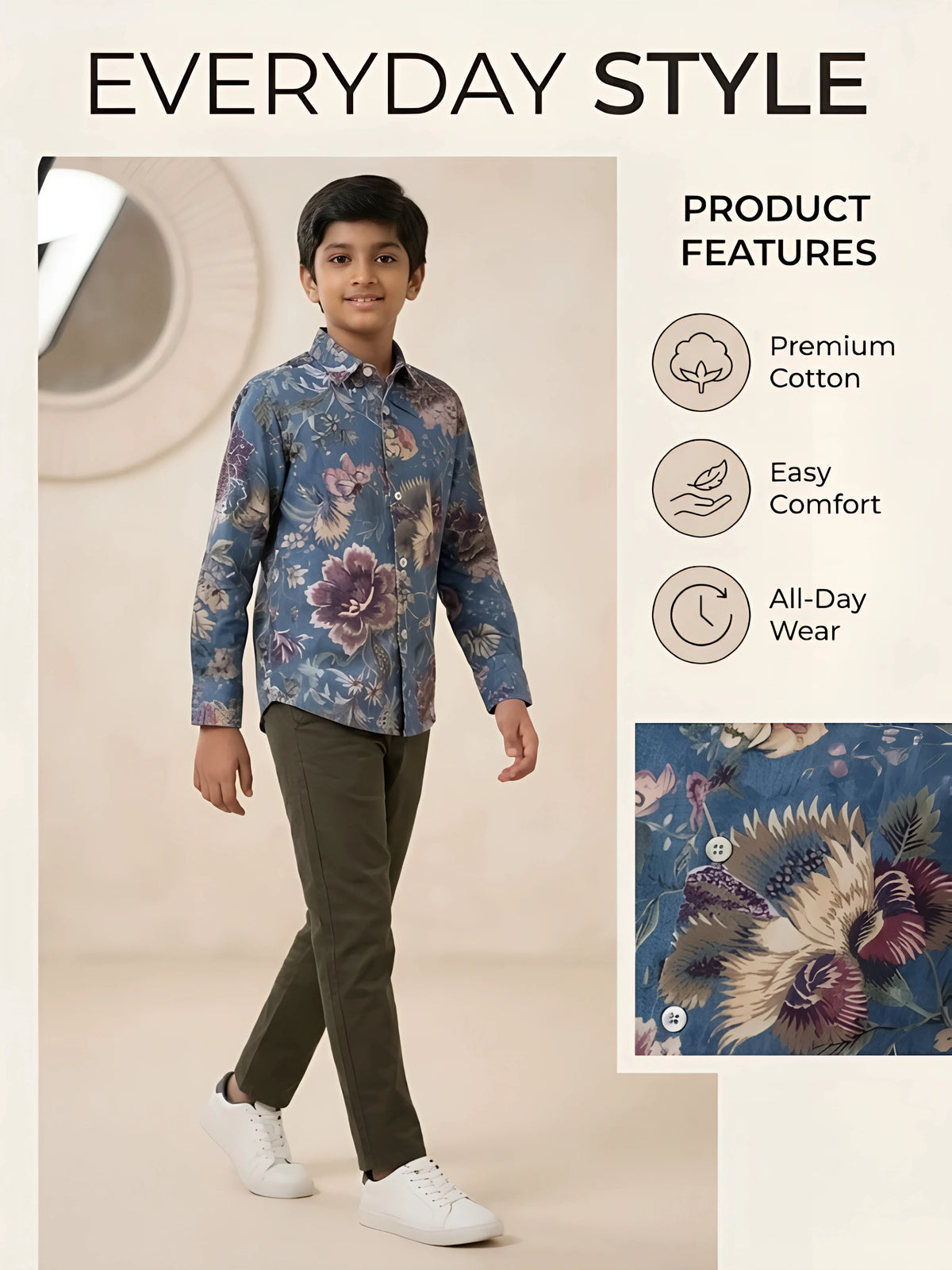Boys Blue Floral Printed Full Sleeve Casual Shirt