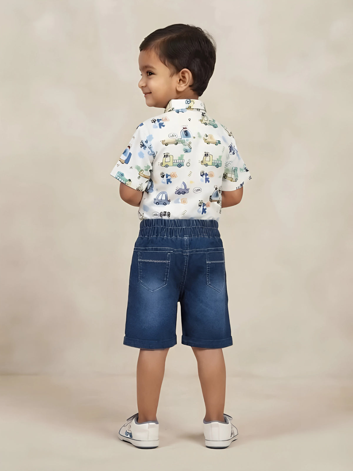 Boys White Vehicle Print Shirt & Denim Shorts Set.