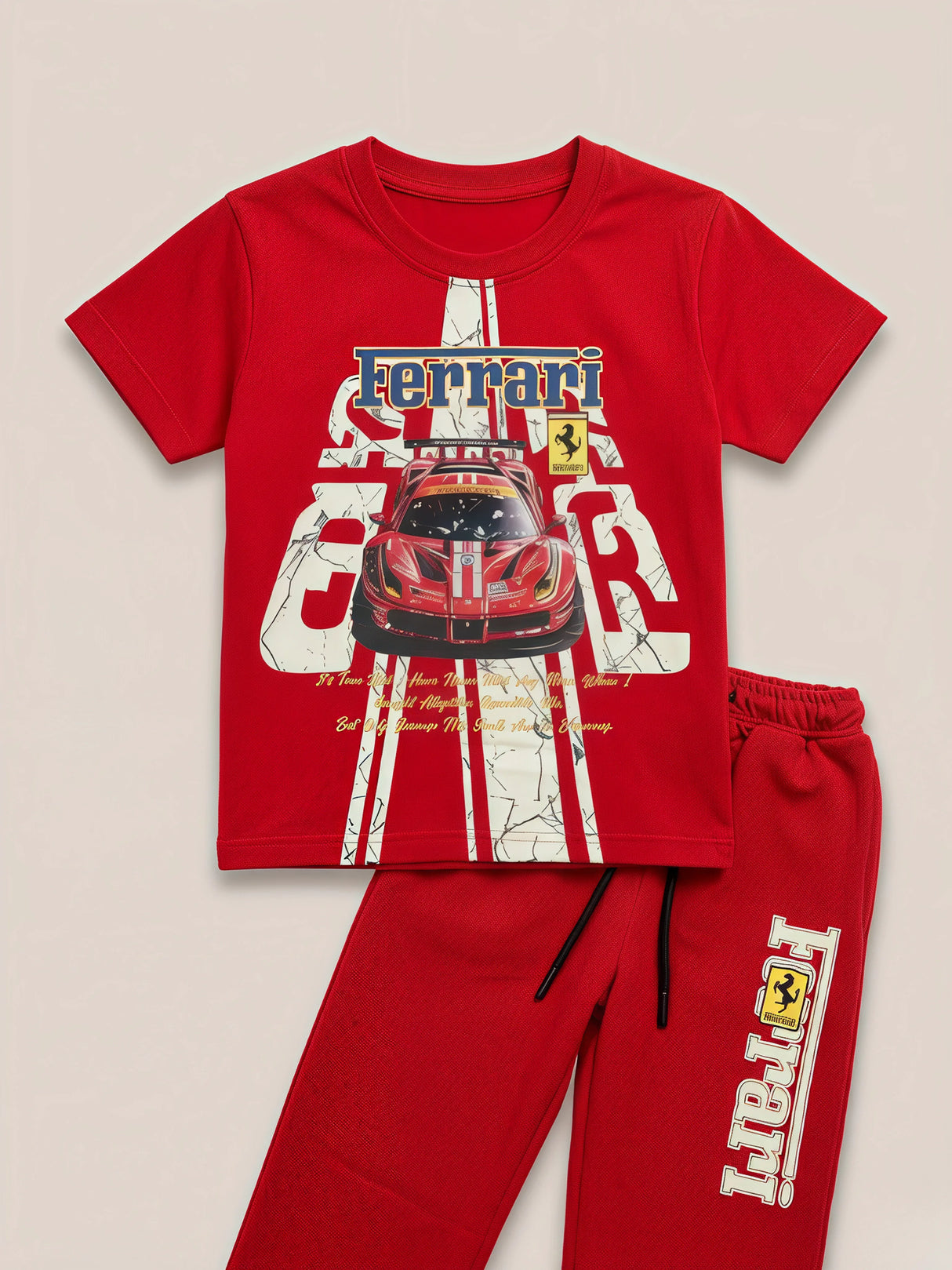 Boys Vibrant Ferrari Graphic T-Shirt and Track Coordinate Set.