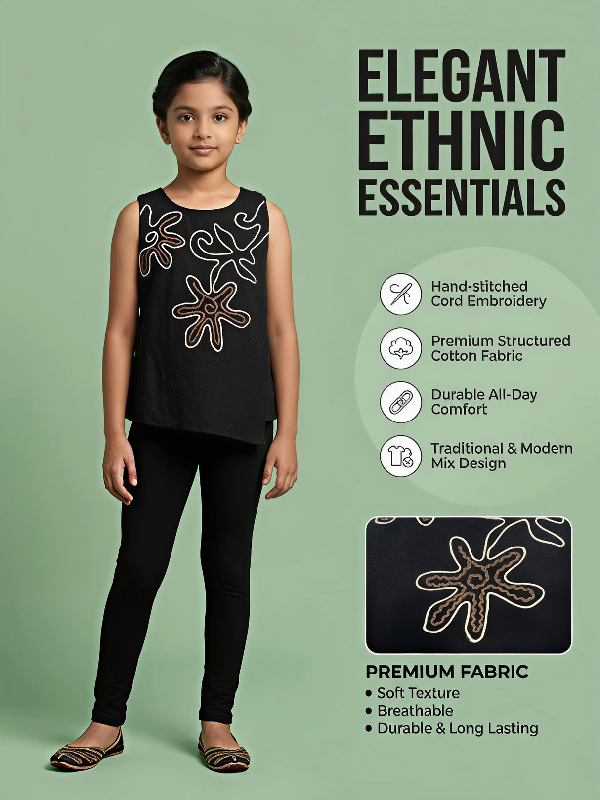 Girls Black Floral Embroidered Sleeveless Top