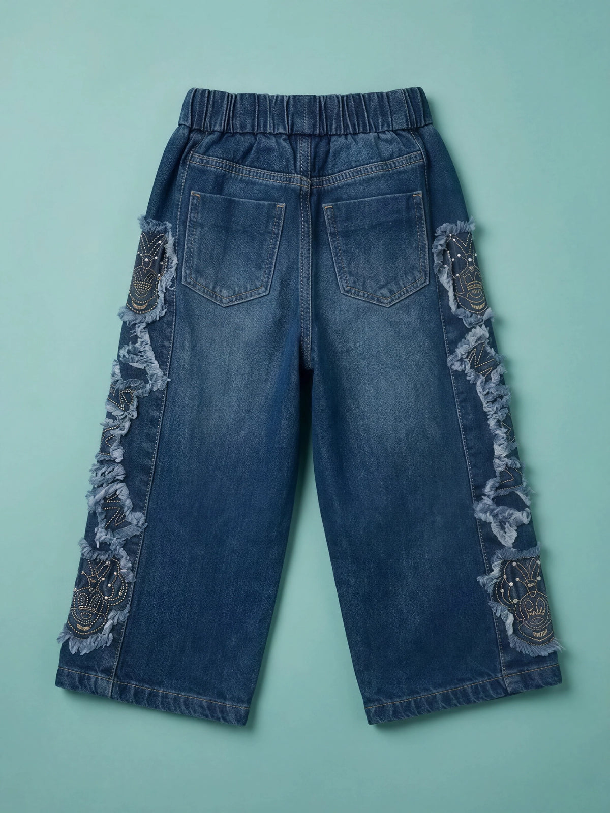 Girls Navy Blue Elastic Waist Casual Pants with Side Lace Detail.