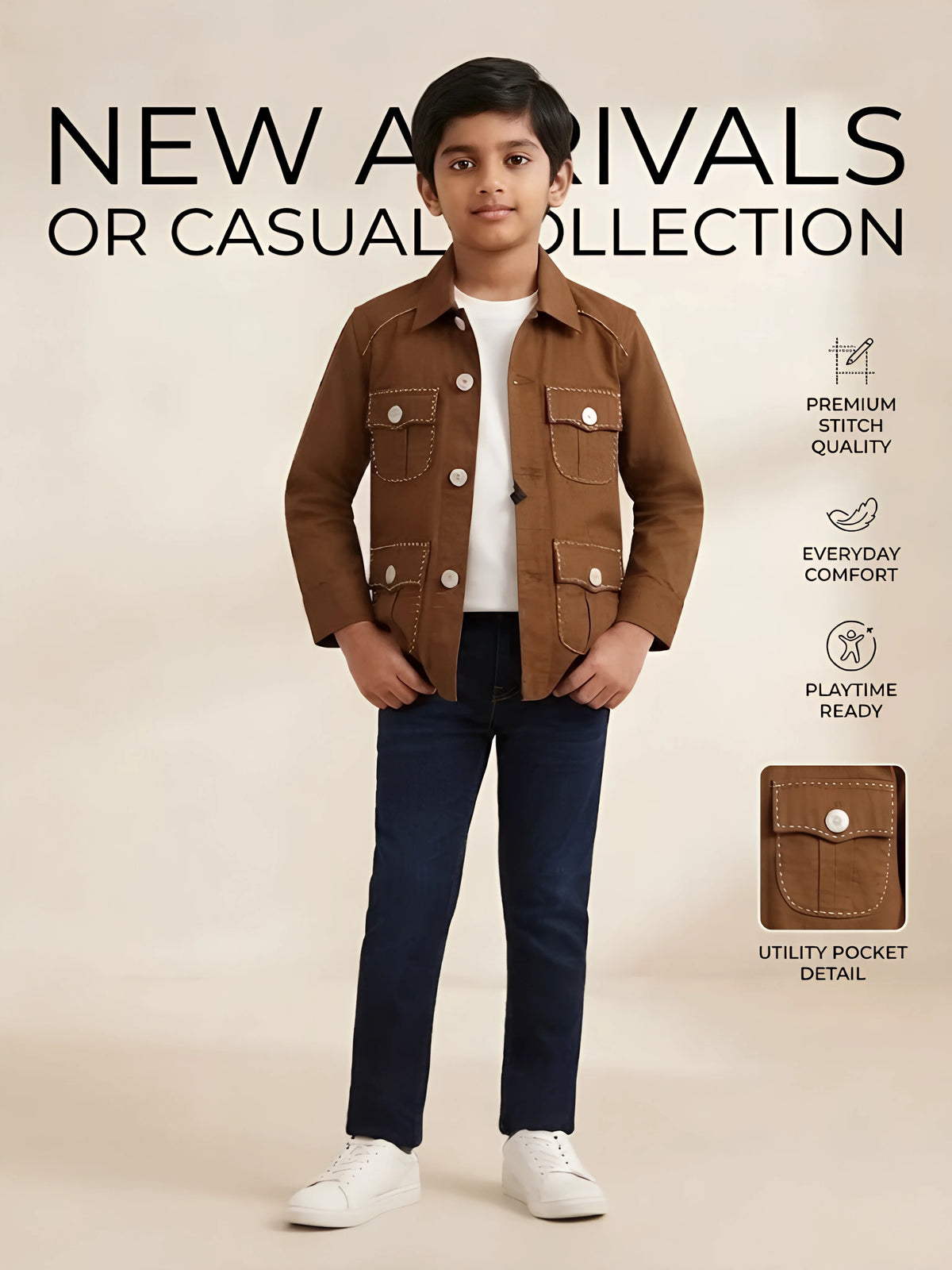Boys Brown Casual Overshirt & White T-Shirt Combo Set