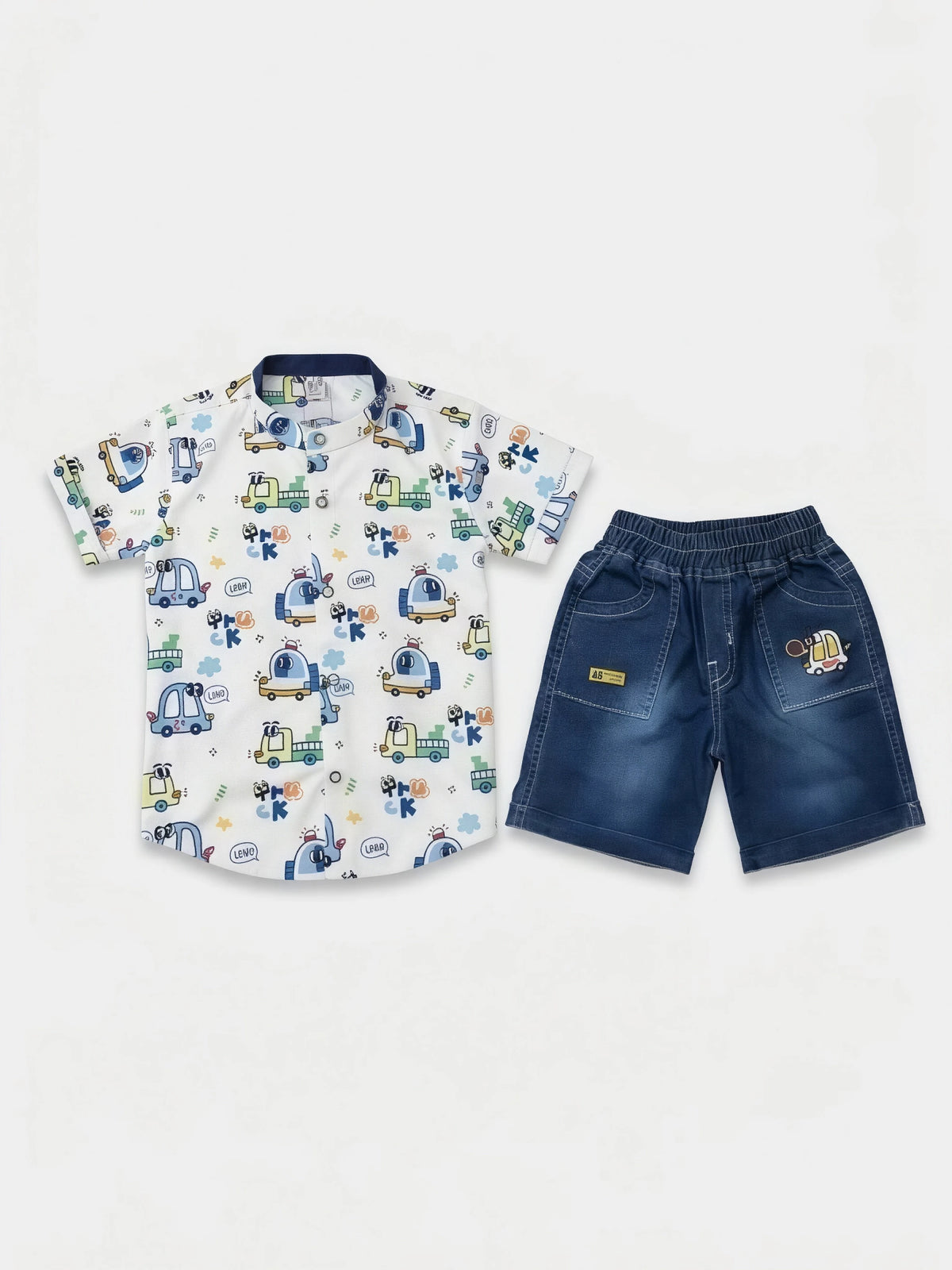 Boys White Vehicle Print Shirt & Denim Shorts Set.