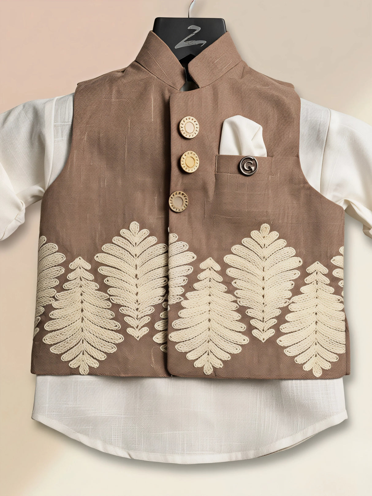 Boys Brown Embroidered Waistcoat with Trousers & Shirt Set