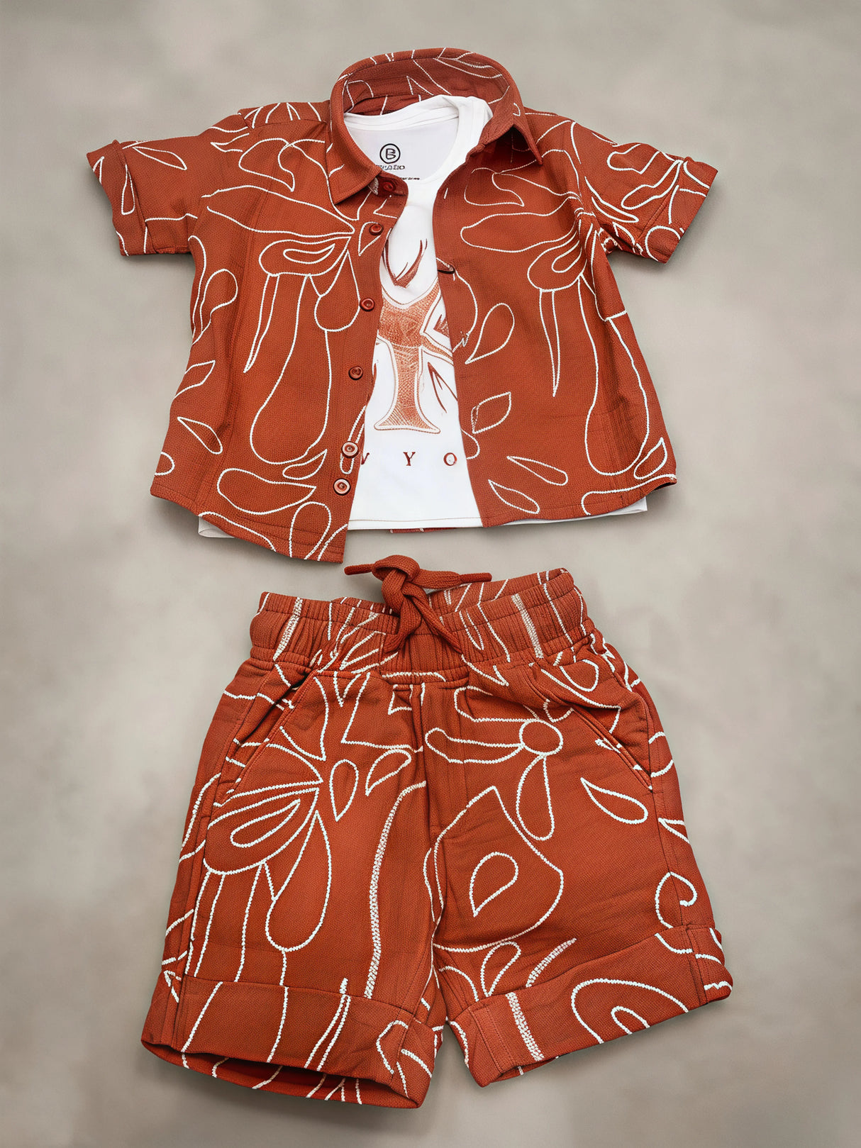 Boys Orange Floral Print Shirt & Shorts Set