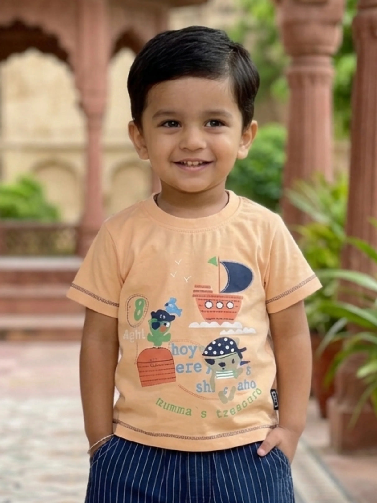 Boys Peach Nautical Print Cotton T-Shirt & Striped Shorts Set